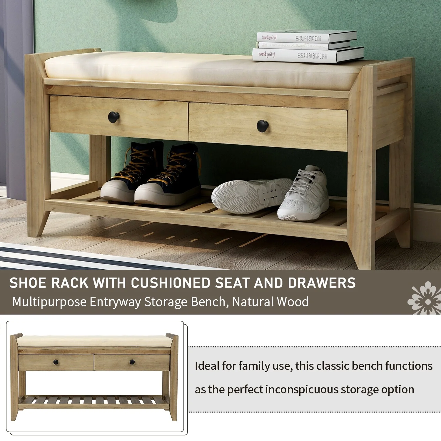 Multi-purpose Shoe Rack with Cushioned Seat and Drawers