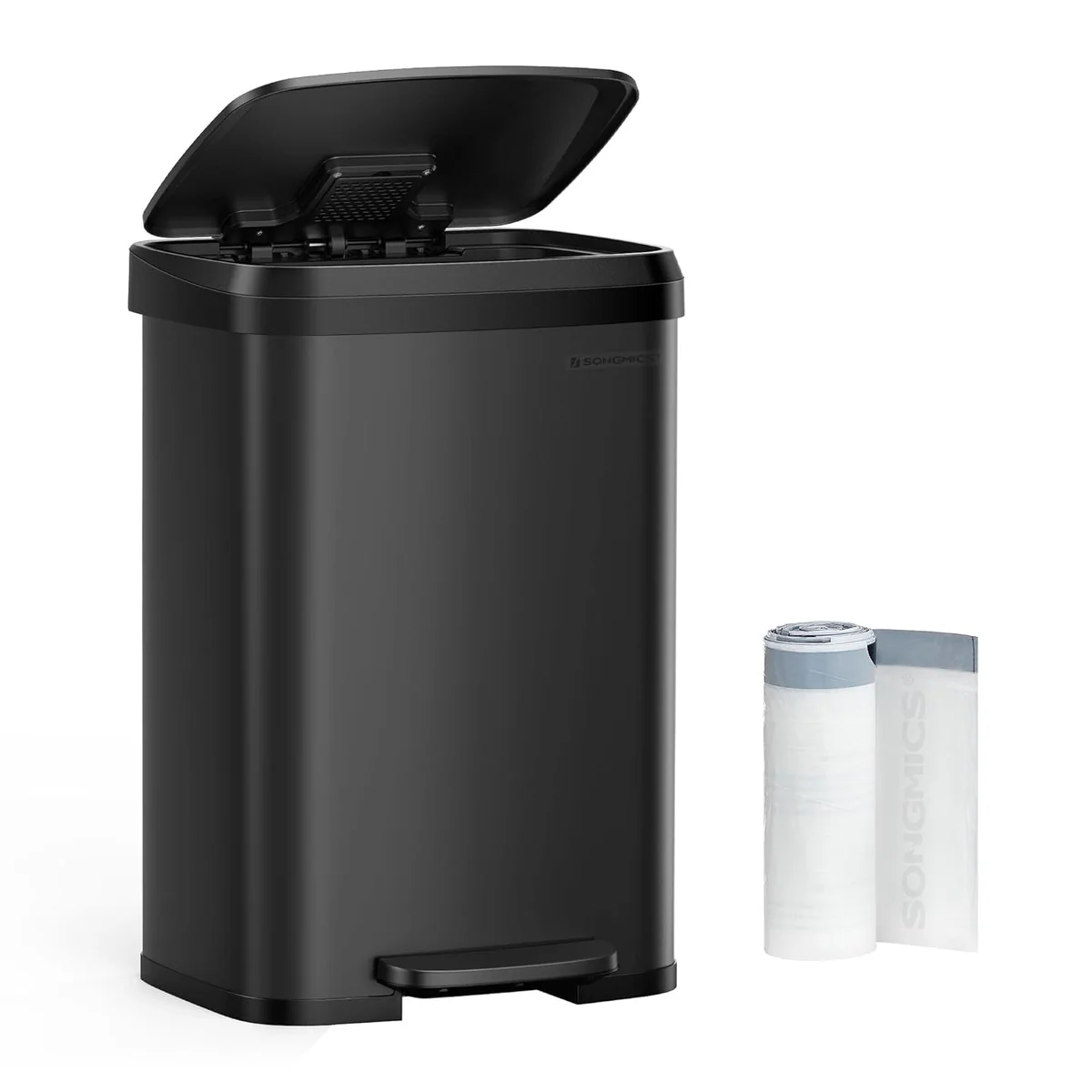 SONGMICS Kitchen Trash Can, 13-Gallon Stainless Steel Garbage Can, with Stay-Open Lid and Step-on Pedal, Soft Closure