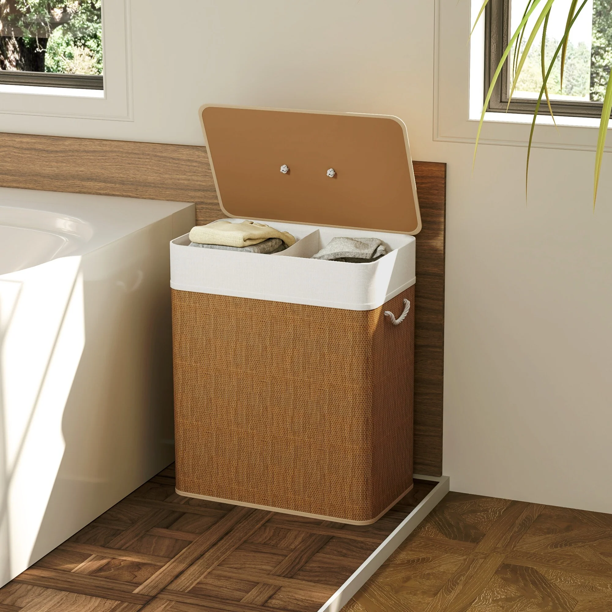 HOMCOM Double Laundry Basket with Lid, 26.4 Gallon Bamboo Laundry Hamper with Rope Handles, Clothes Hamper with Removable Liner