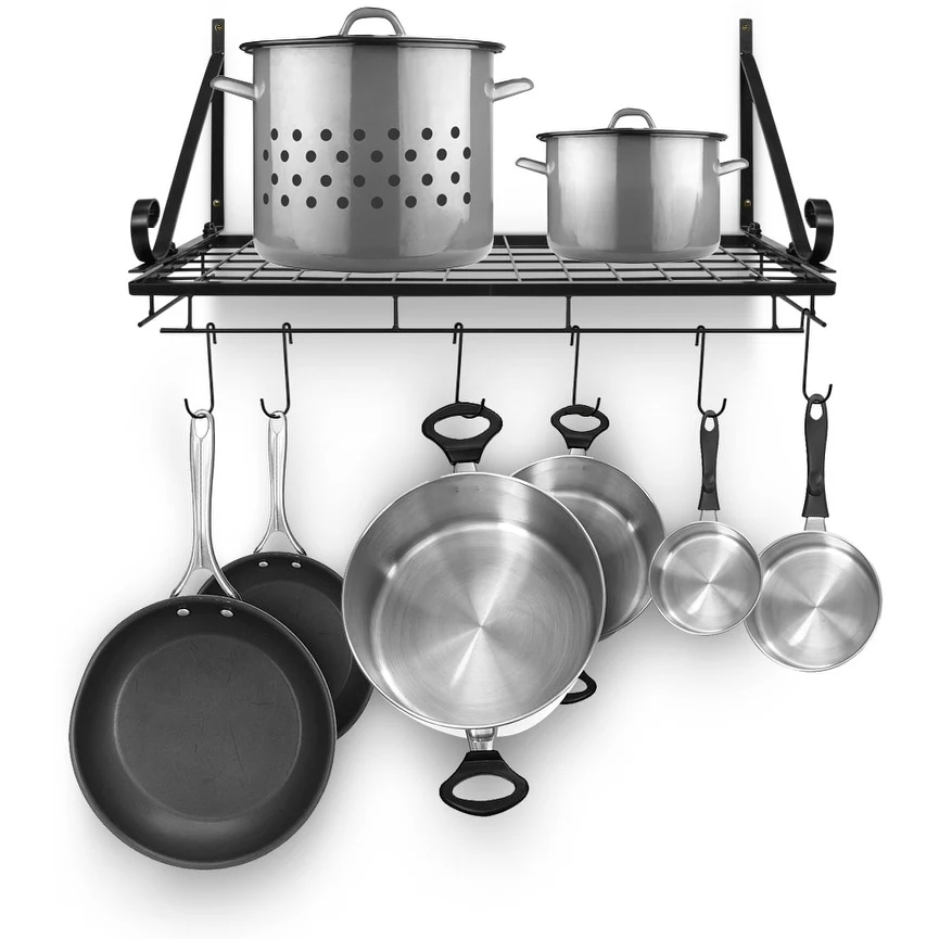 Kitchen Wall Pot Pan Rack,With 10 Hooks,Black
