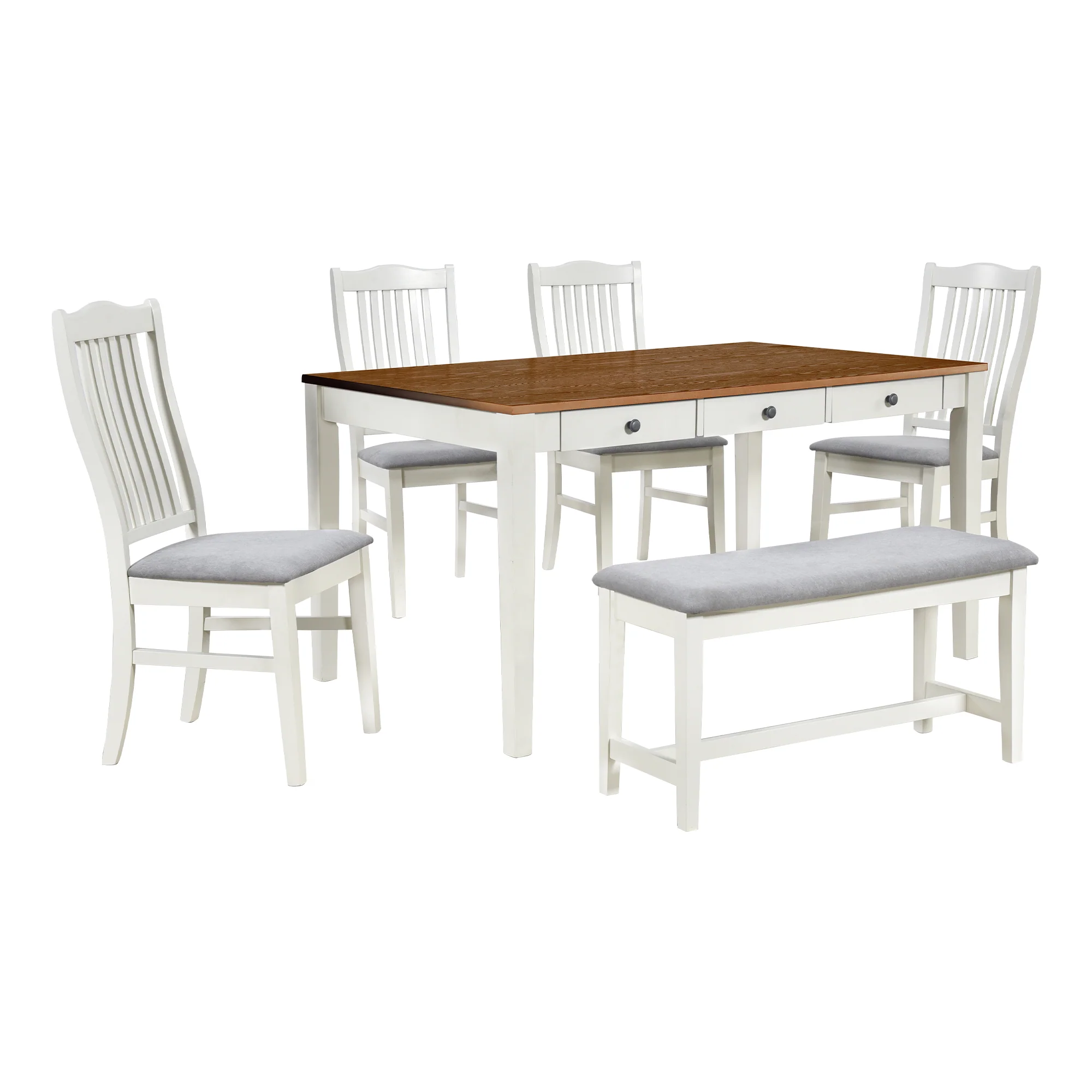 Mason 6 Piece Dining Table Set with Drawer, Upholstered Bench and Chairs, Butter Milk