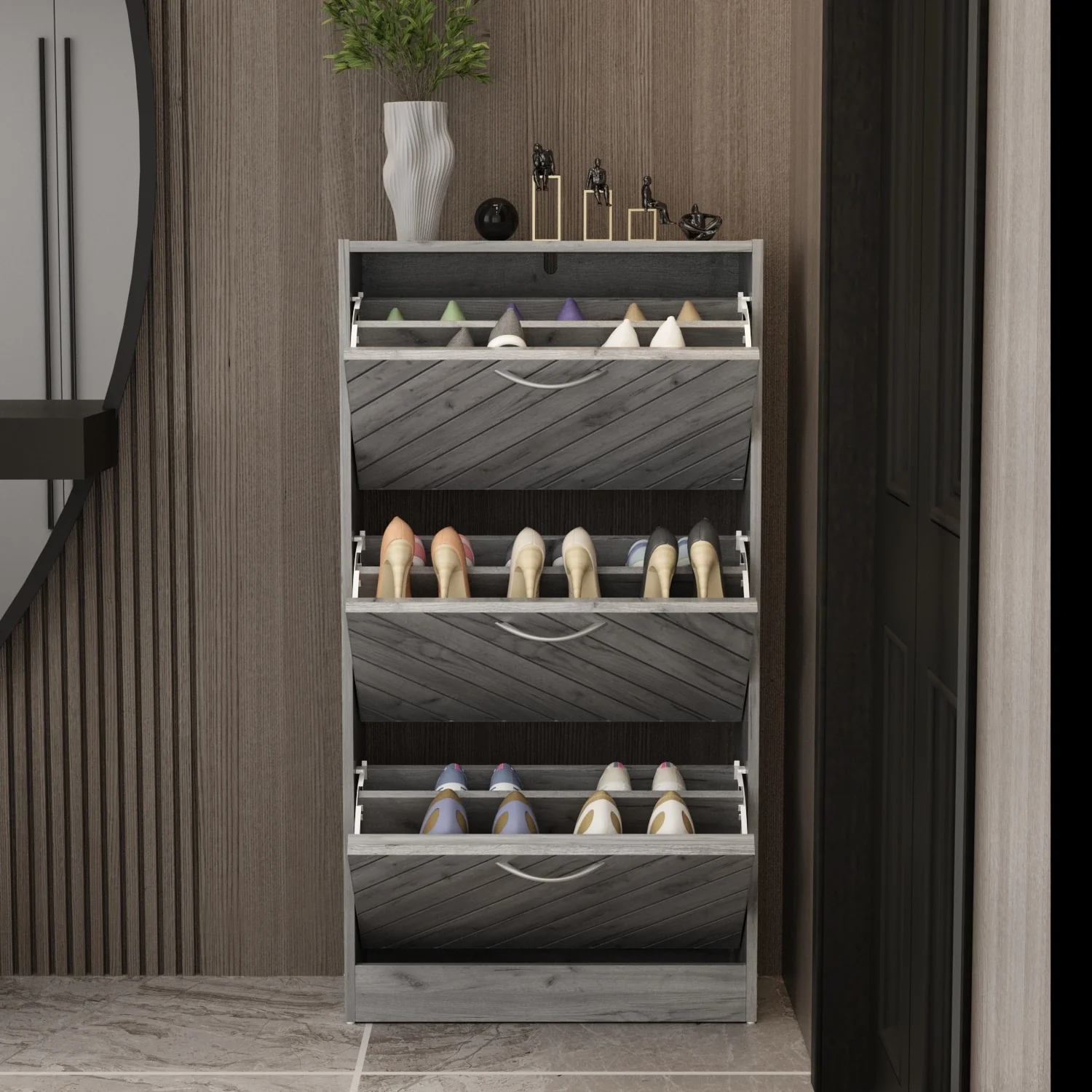 Kerrogee 18-Pair Shoe Storage Cabinet with 3 Flip Drawers Wood/ Grey