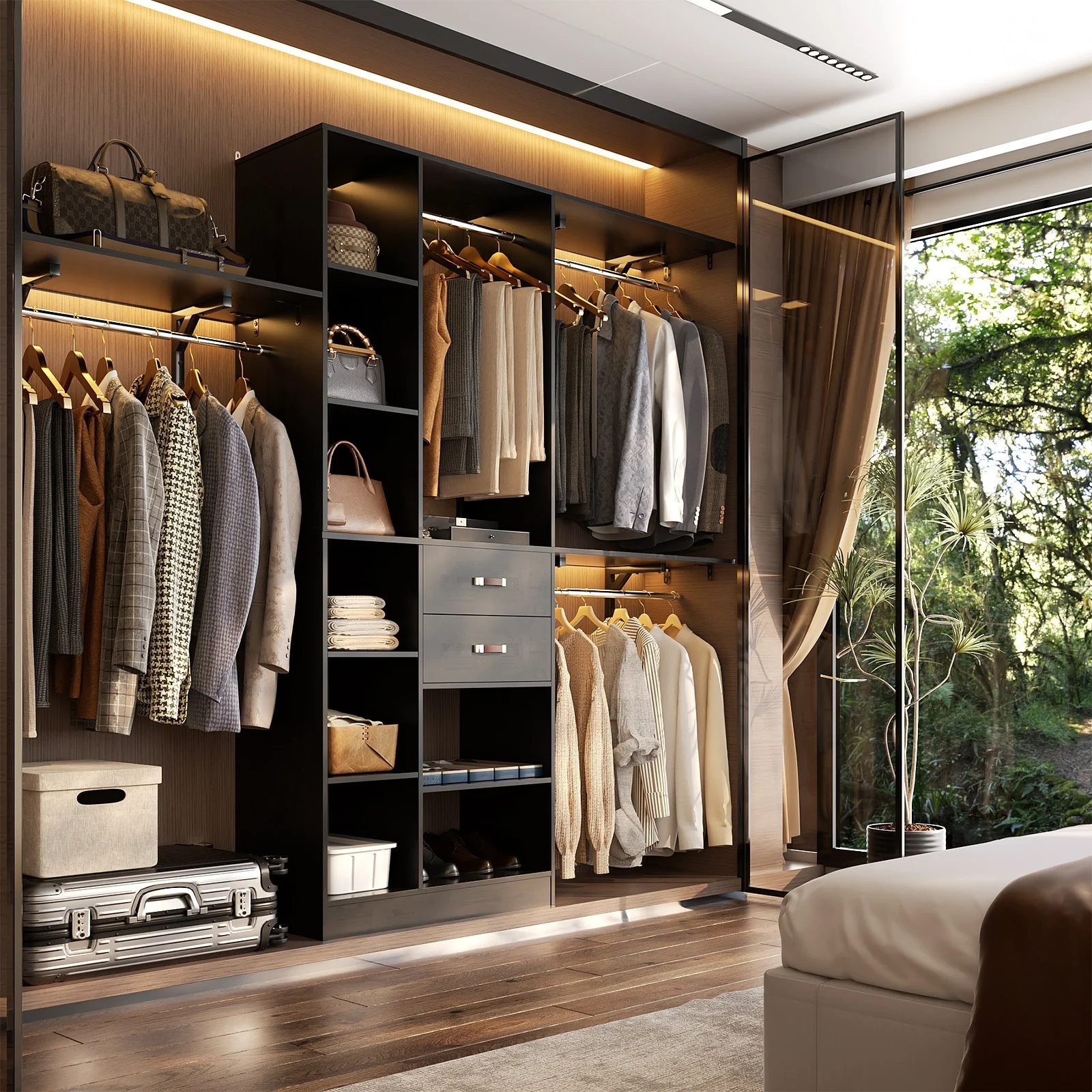 31.5'' to 96'' W Closet Organizer System with Drawers and Tower Shelves for Reach-in and Walk-in Closet