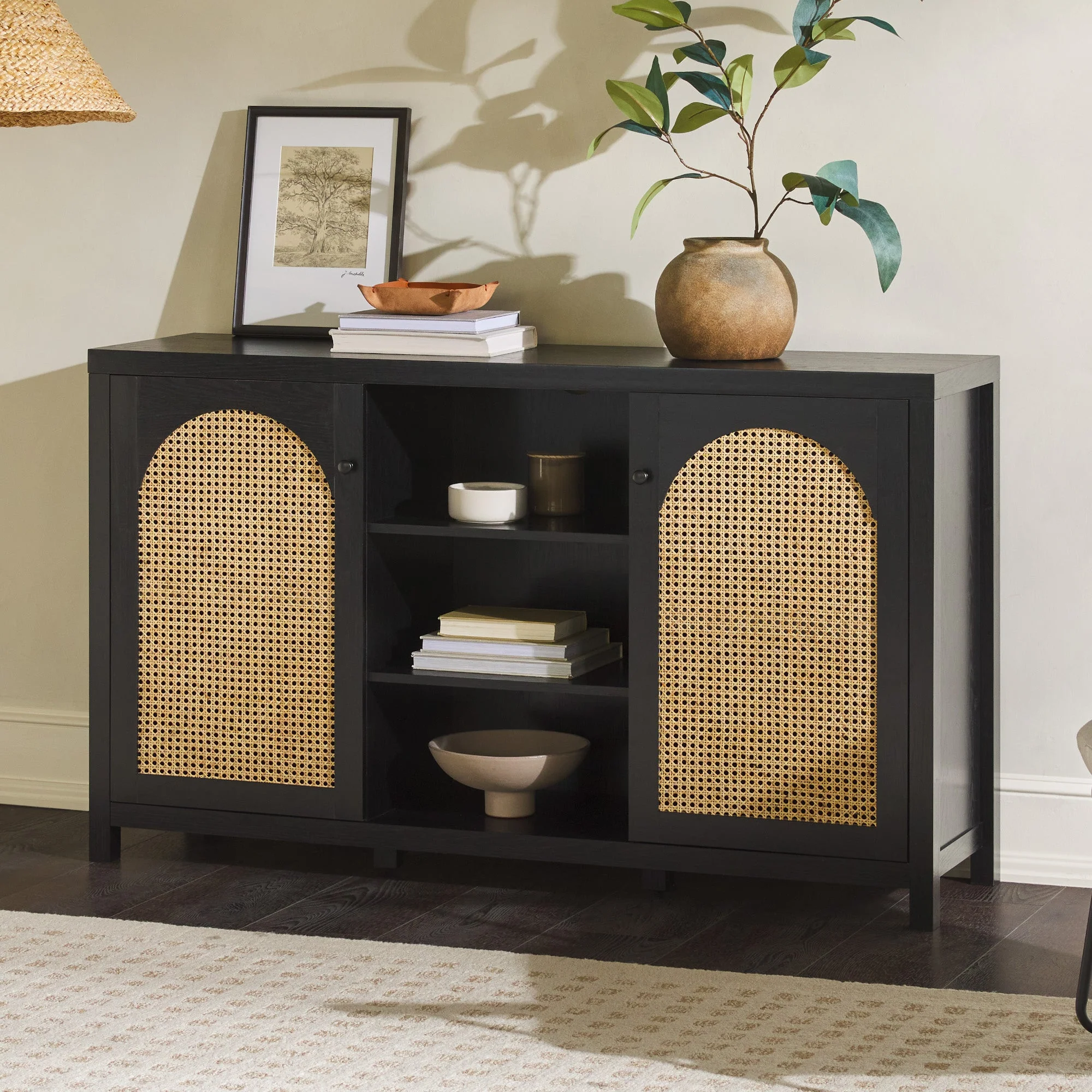 Celestialix 58 2-Door Sideboard with Arched Rattan Panels
