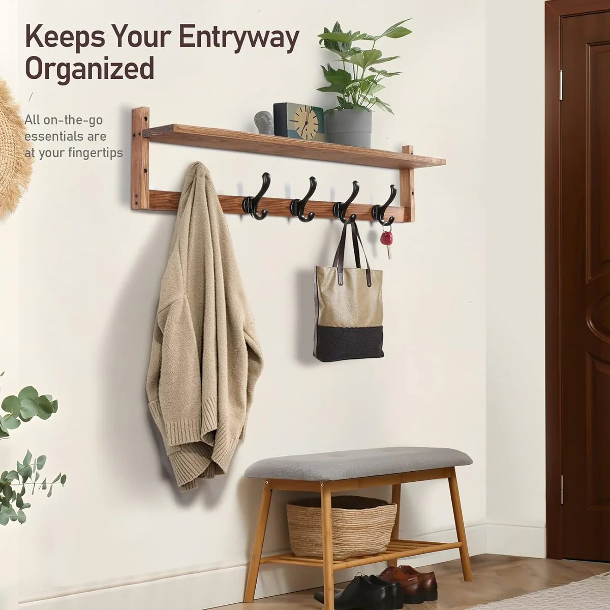 29'' Coat Rack Wall Mount with Shelf, Wood Wall Hooks with Storage