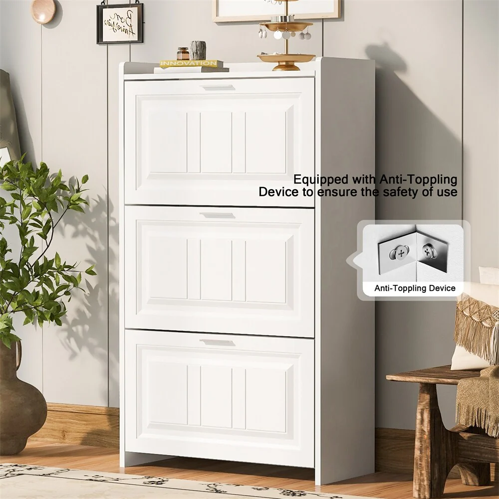 Free Standing Wood Shoe Storage Cabinet with 3 Flip Drawers