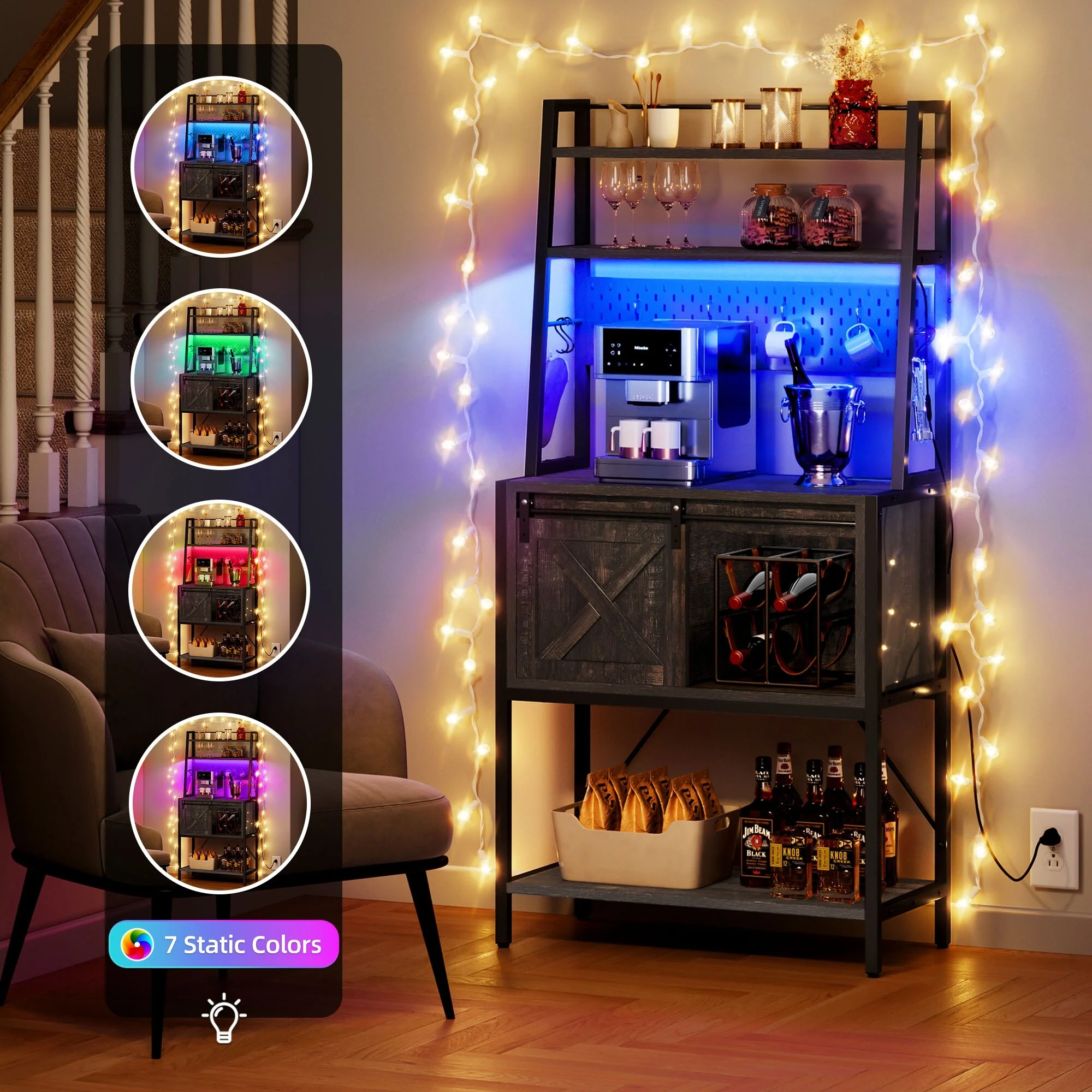 Moasis 5 Tier Kitchen LED Bakers Rack with Sliding Storage and Shelves Bar Table with Power Outlet