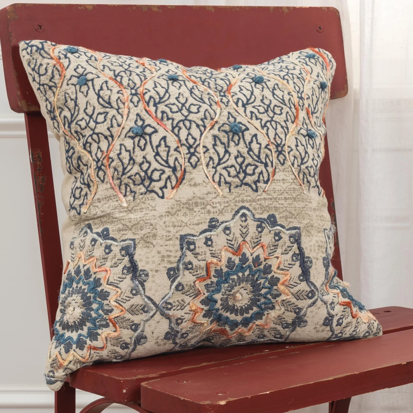 Knife Edge Printed With Embroidery Cotton Medallion With Vining Accents Decorative Throw Pillow