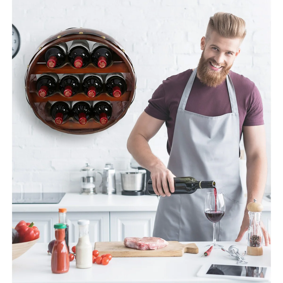 CoTa Global Barrell Wine Rack - Natural Wood Industrial Wall Mounted - 16″Lx16″Wx8″H