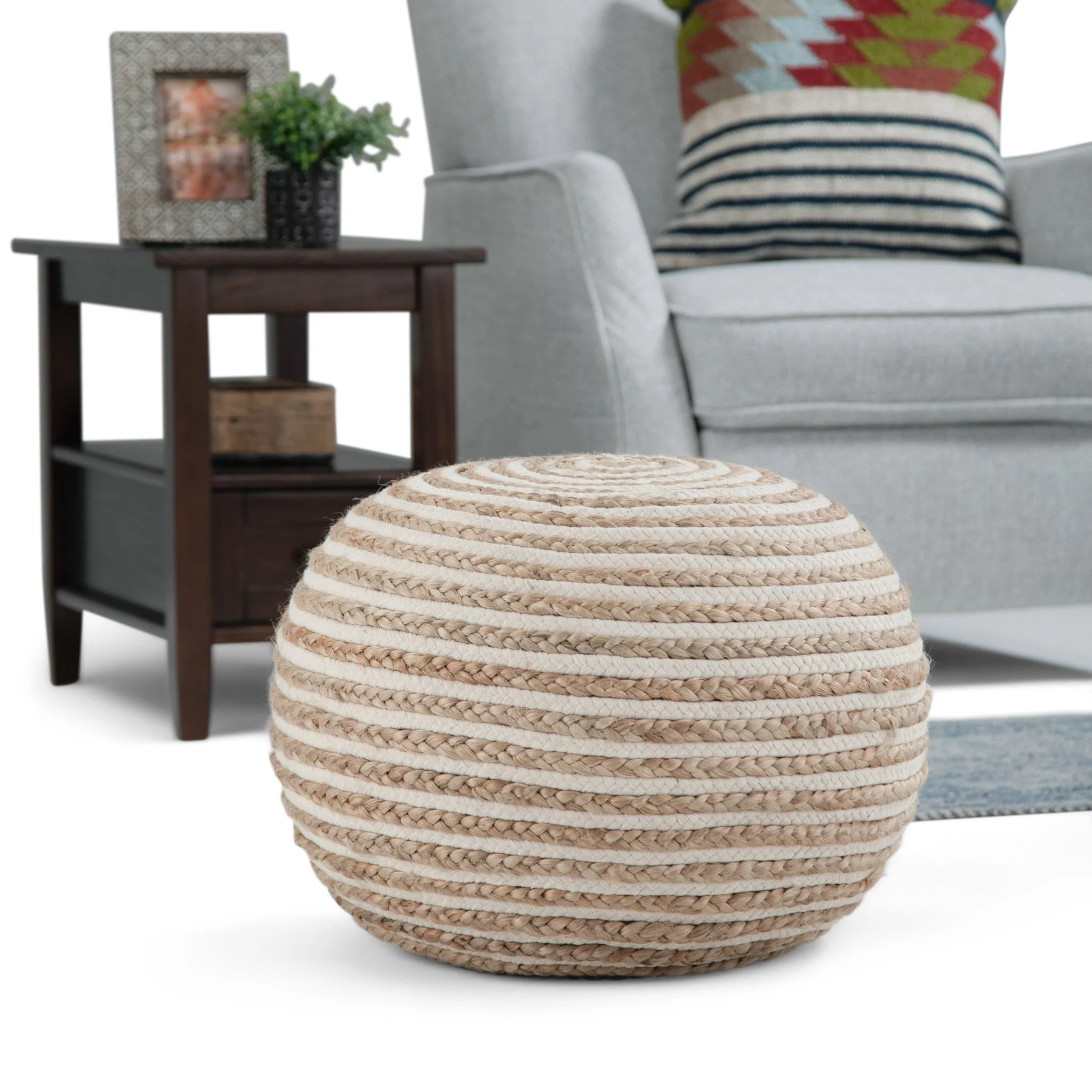 Cotton and Jute Woven Round Pouf