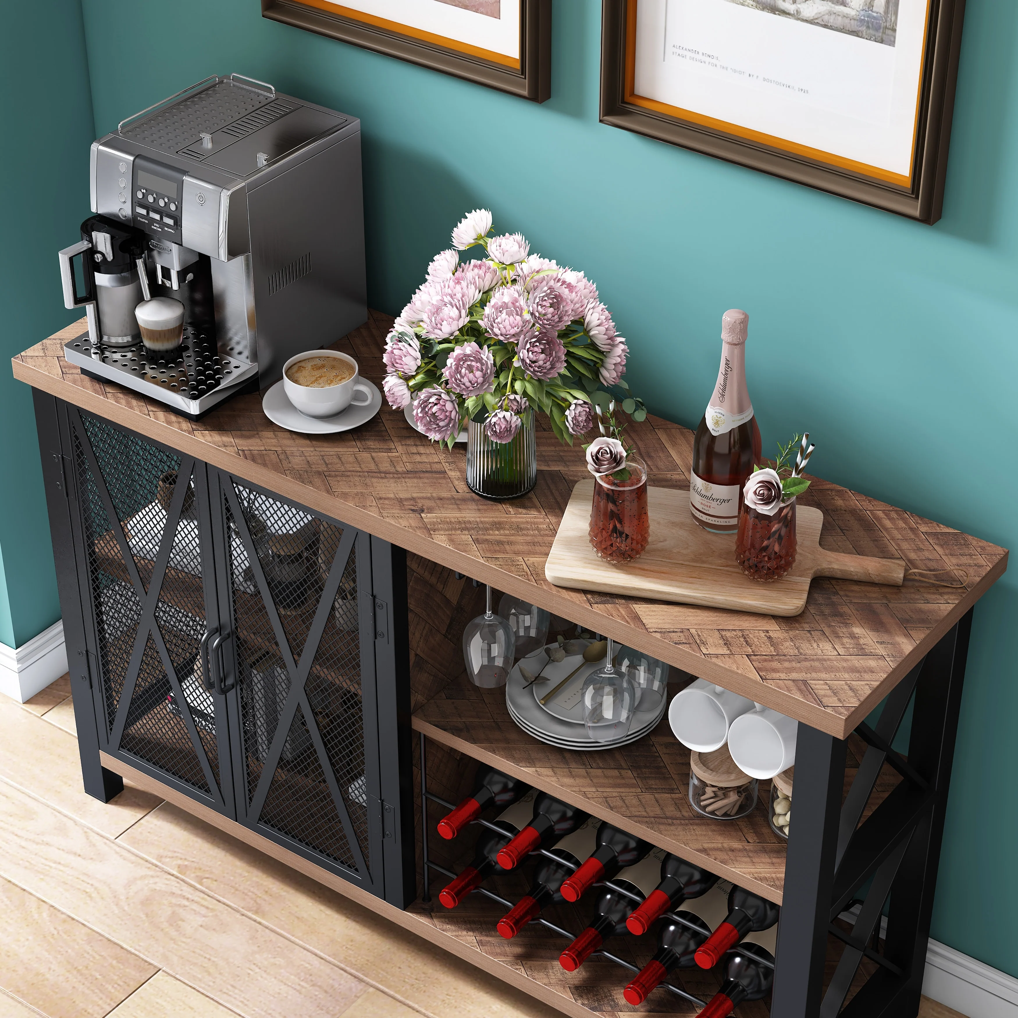 Myhozm Buffet Bar Cabinet with Wine Rack, Modern Buffet/Sideboard Wine Bar Dining Server, Grey/Brown