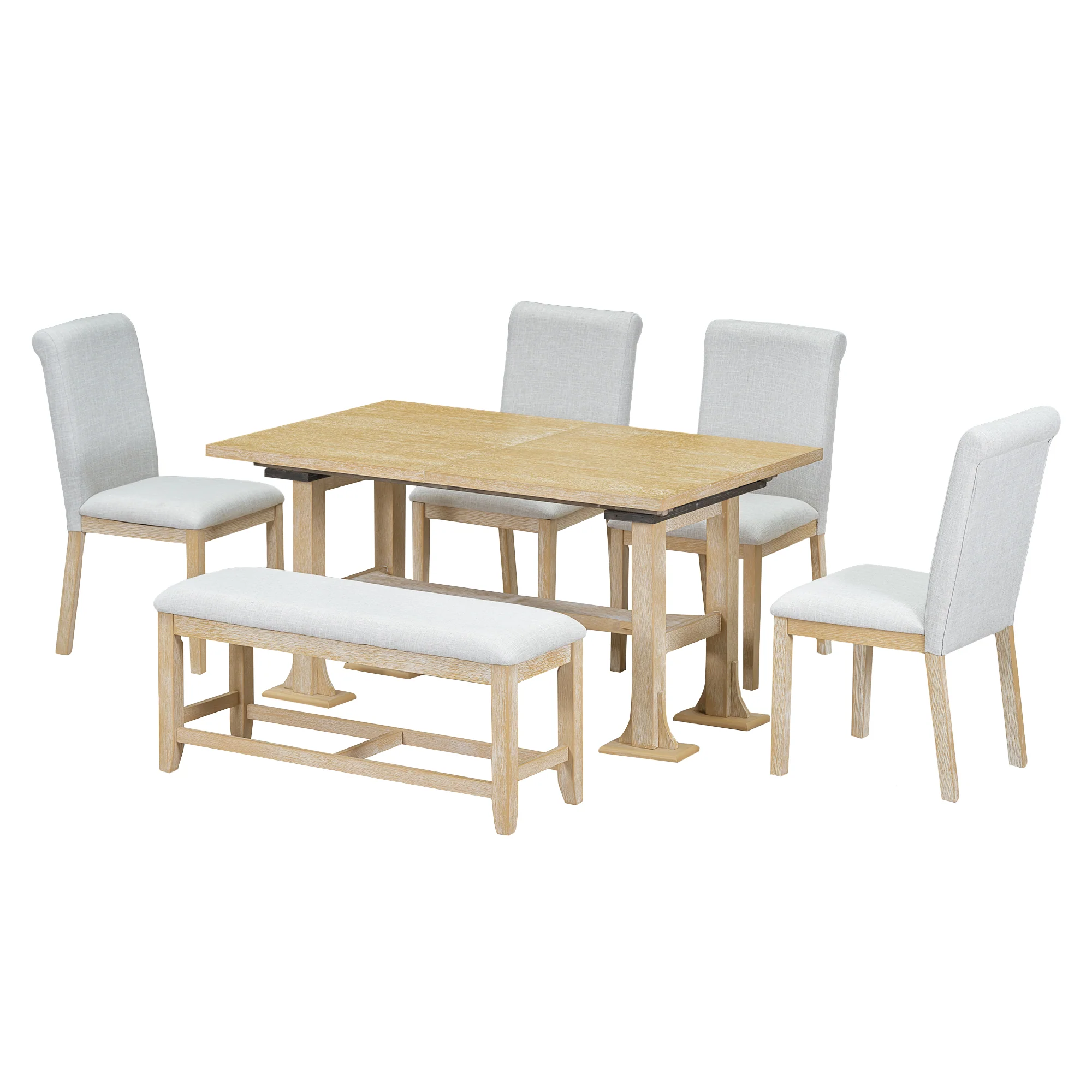 6-Piece Dining Set with Rectangular Extendable Table, Upholstered Dining Bench and 4 Chairs