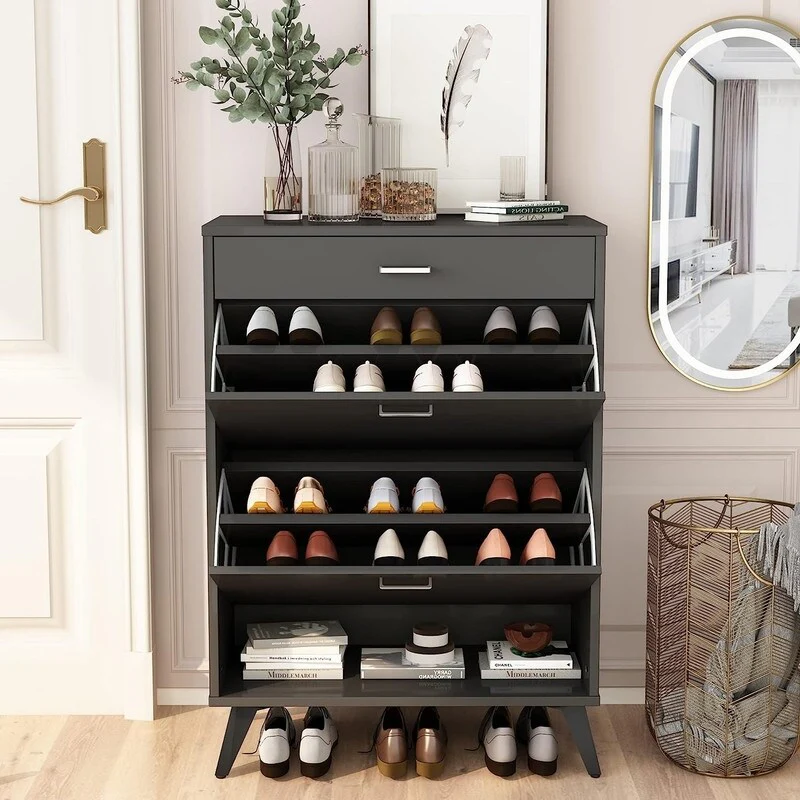 Grondin Modern Contemporary Entryway Shoe Cabinet with Drawers, Interior Adjustable/Removable Panel and Bottom Open Shelf