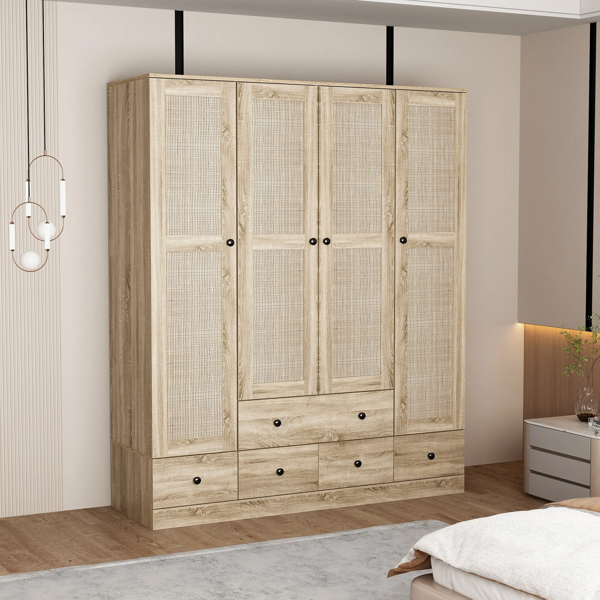 Large Storage Wardrobe Versatile Rattan Door Closet with Deep Drawers