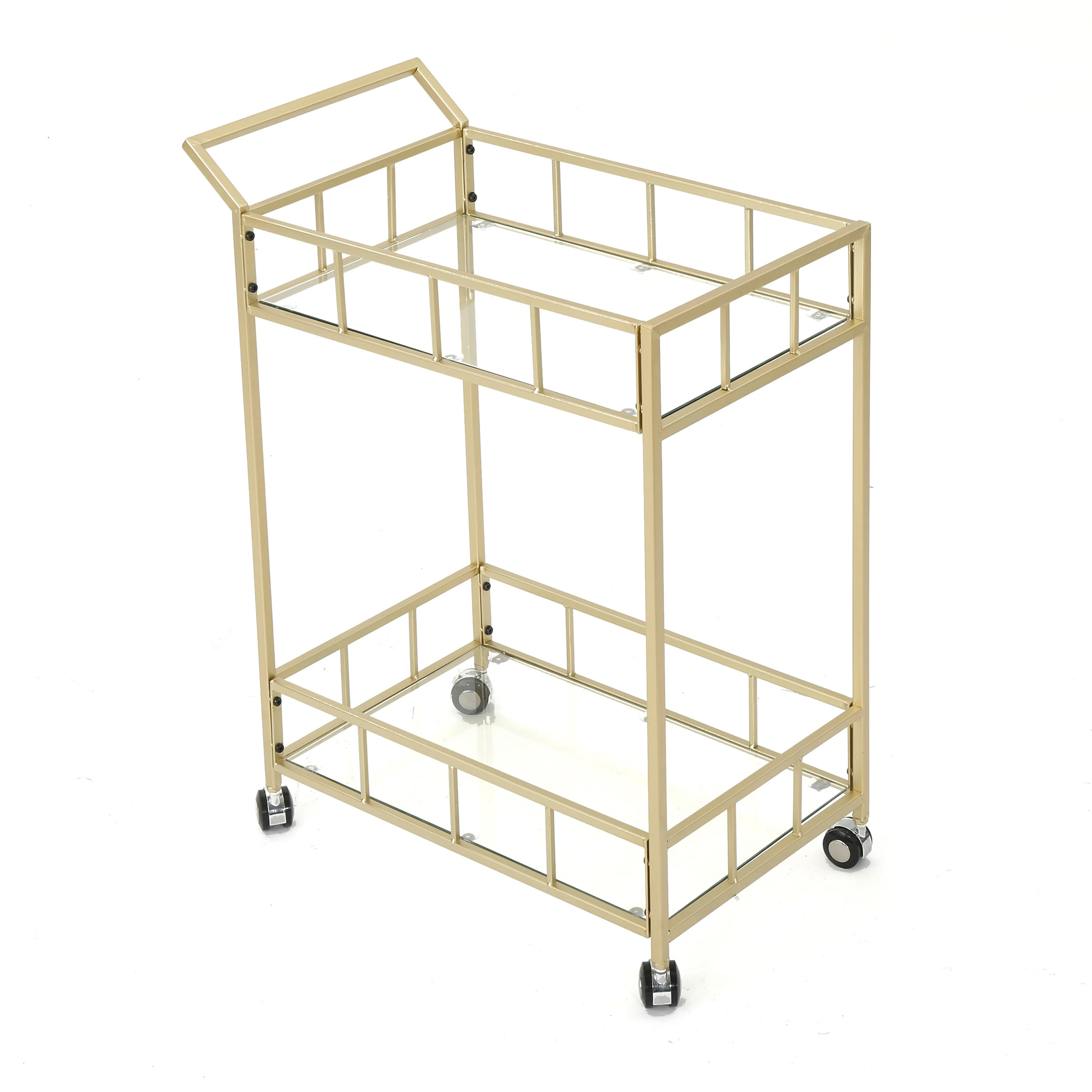 Outdoor Metal Bar Cart with 2 Tempered Glass Shelves and Rolling Casters