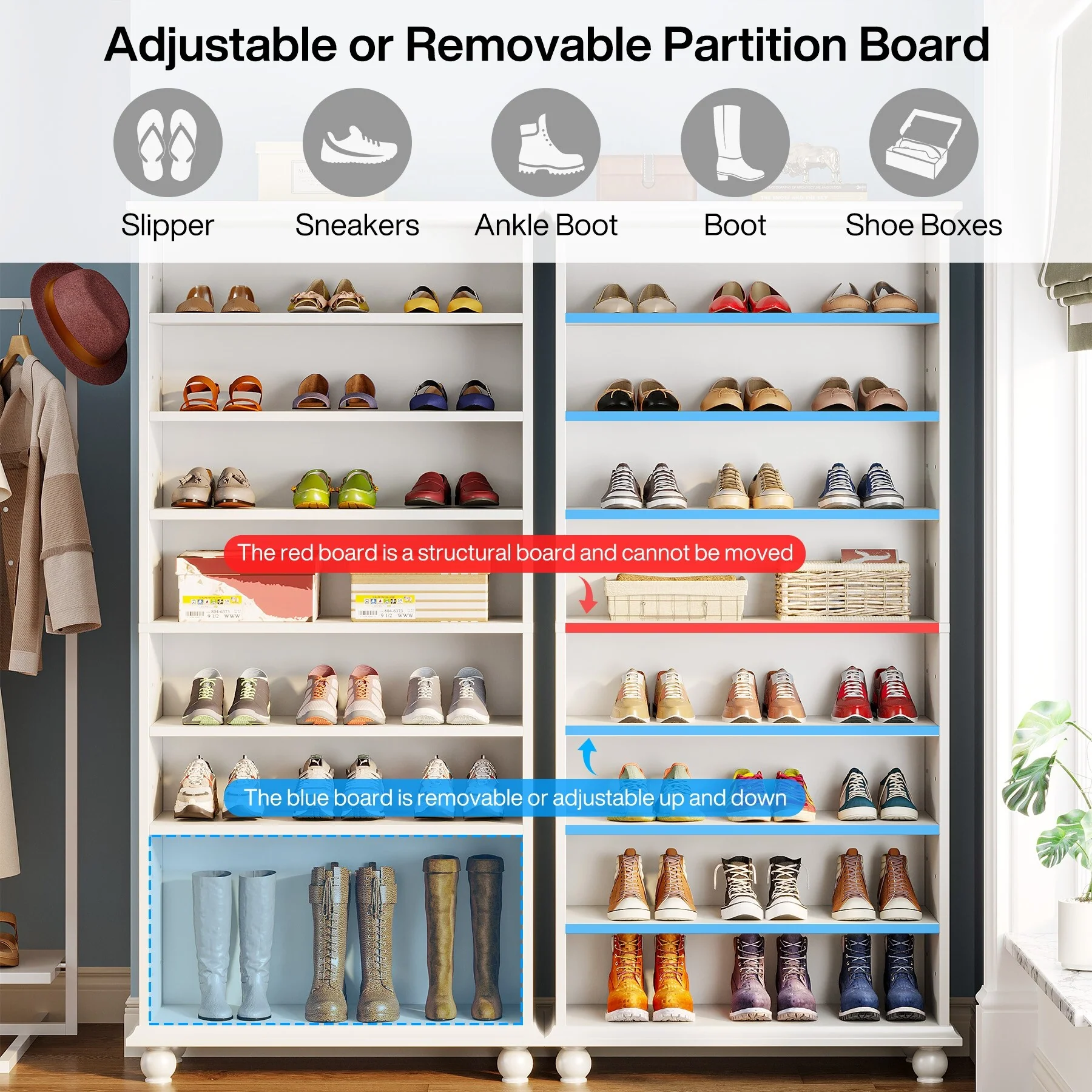 Narrow Tall Shoe Storage Cabinet with LED Lighting for Entryway - 9-Tier