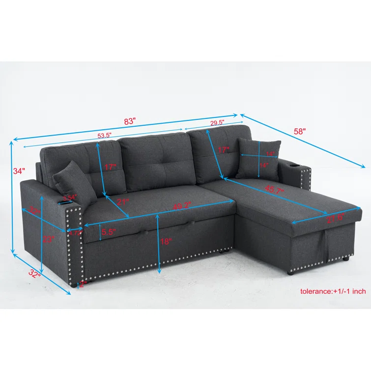 Cidalino 83'' Upholstered Sleeper Sofa Chaise with Storage& 2 Cup Holders