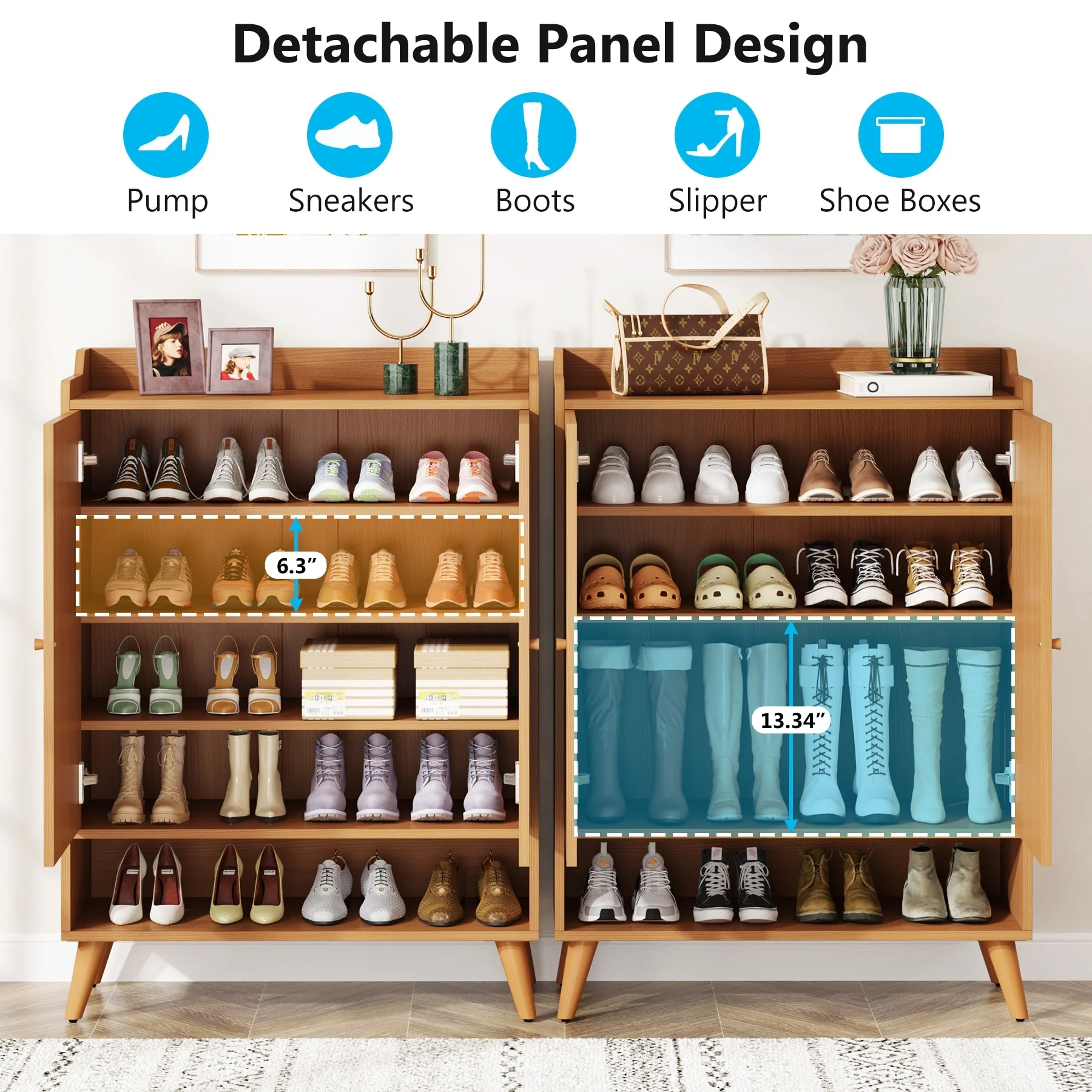 Entryway Slim Shoe Storage Cabinet with Adjustable Shelves and Open Shelf