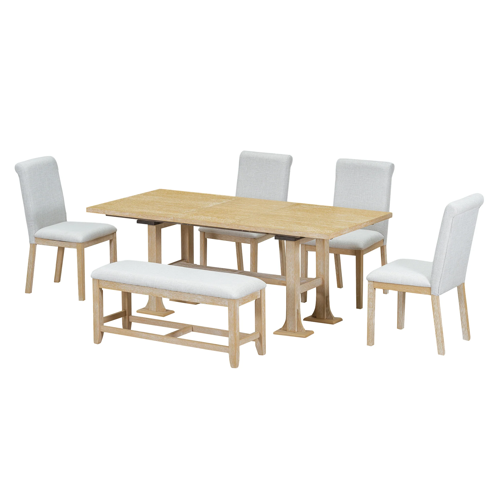 6-Piece Dining Set with Rectangular Extendable Table, Upholstered Dining Bench and 4 Chairs