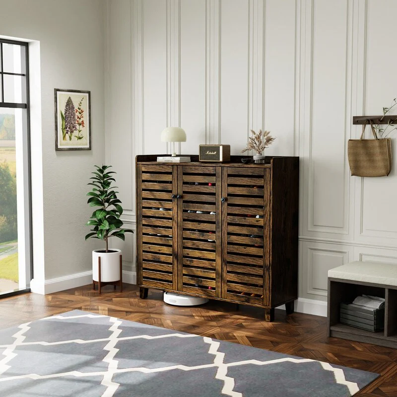 Hidden Shoe Cabinet with 3 Doors, 5 Tier Shoe Organizer Rustic Brown