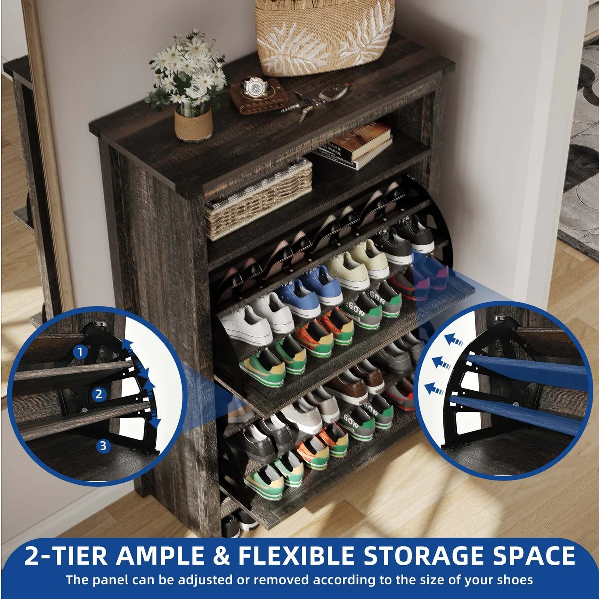 Moasis 2 Flip Drawers Shoe Storage Cabinet with LED Lights 16 Pairs Shoe Rack for Entryway