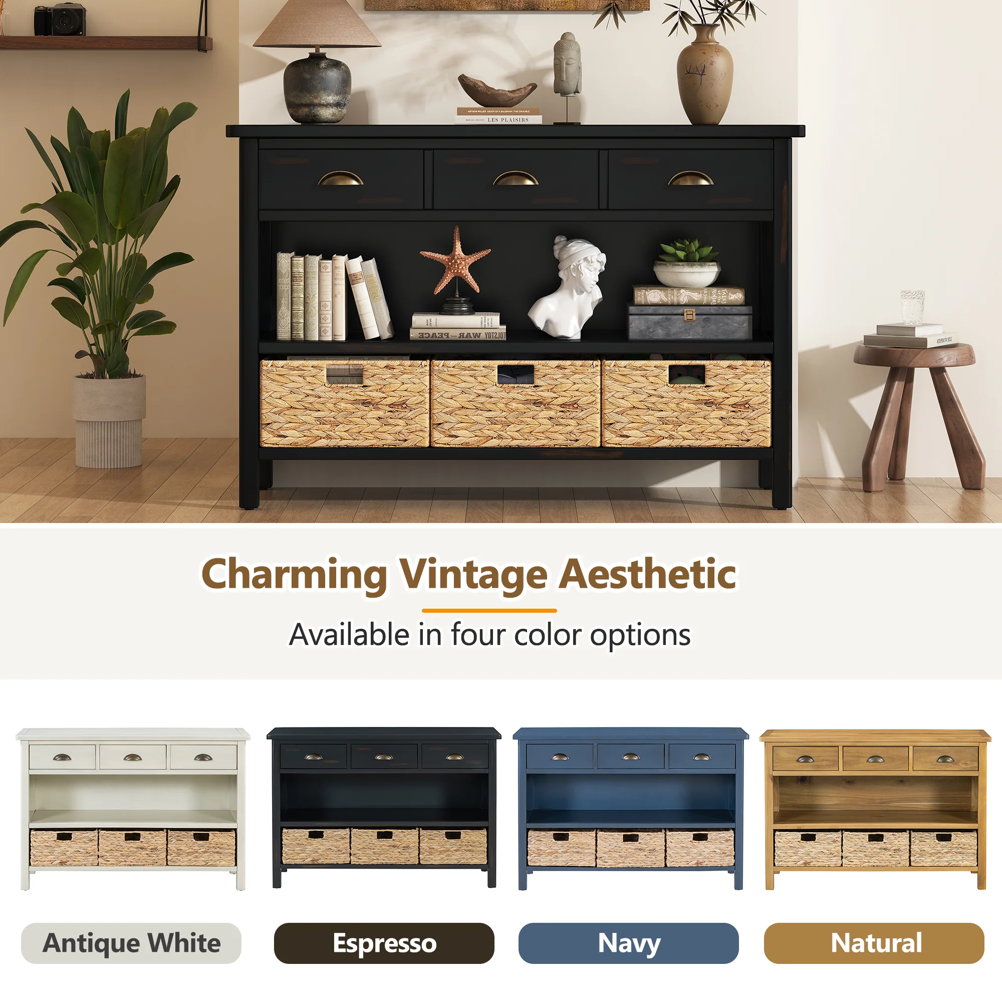 Coronate Console Table with Drawers and Water Hyacinth Woven Baskets