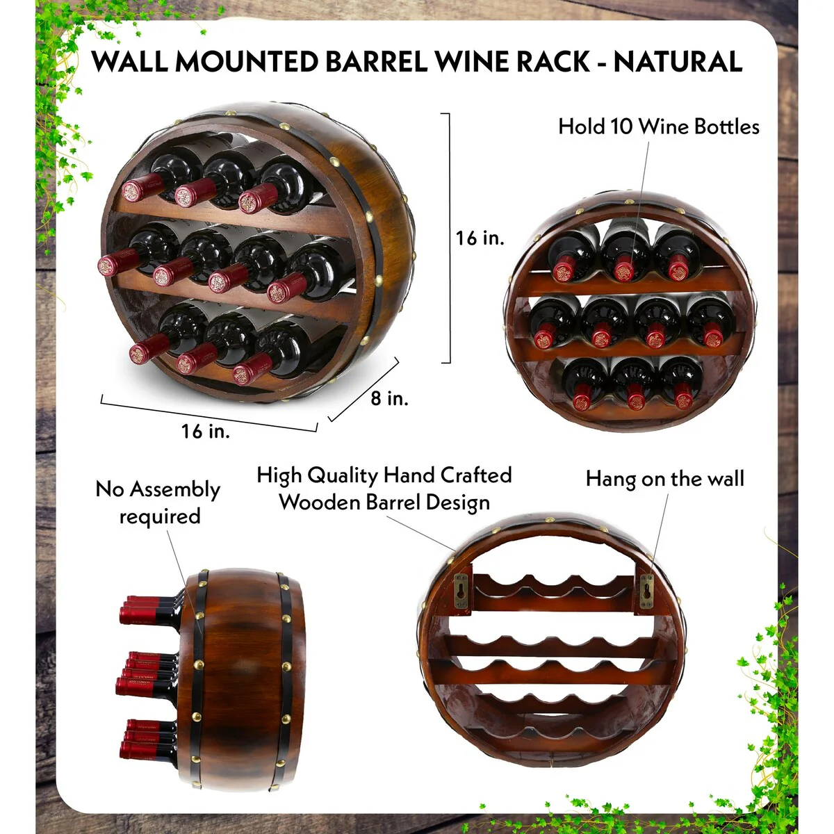 CoTa Global Barrell Wine Rack - Natural Wood Industrial Wall Mounted - 16″Lx16″Wx8″H
