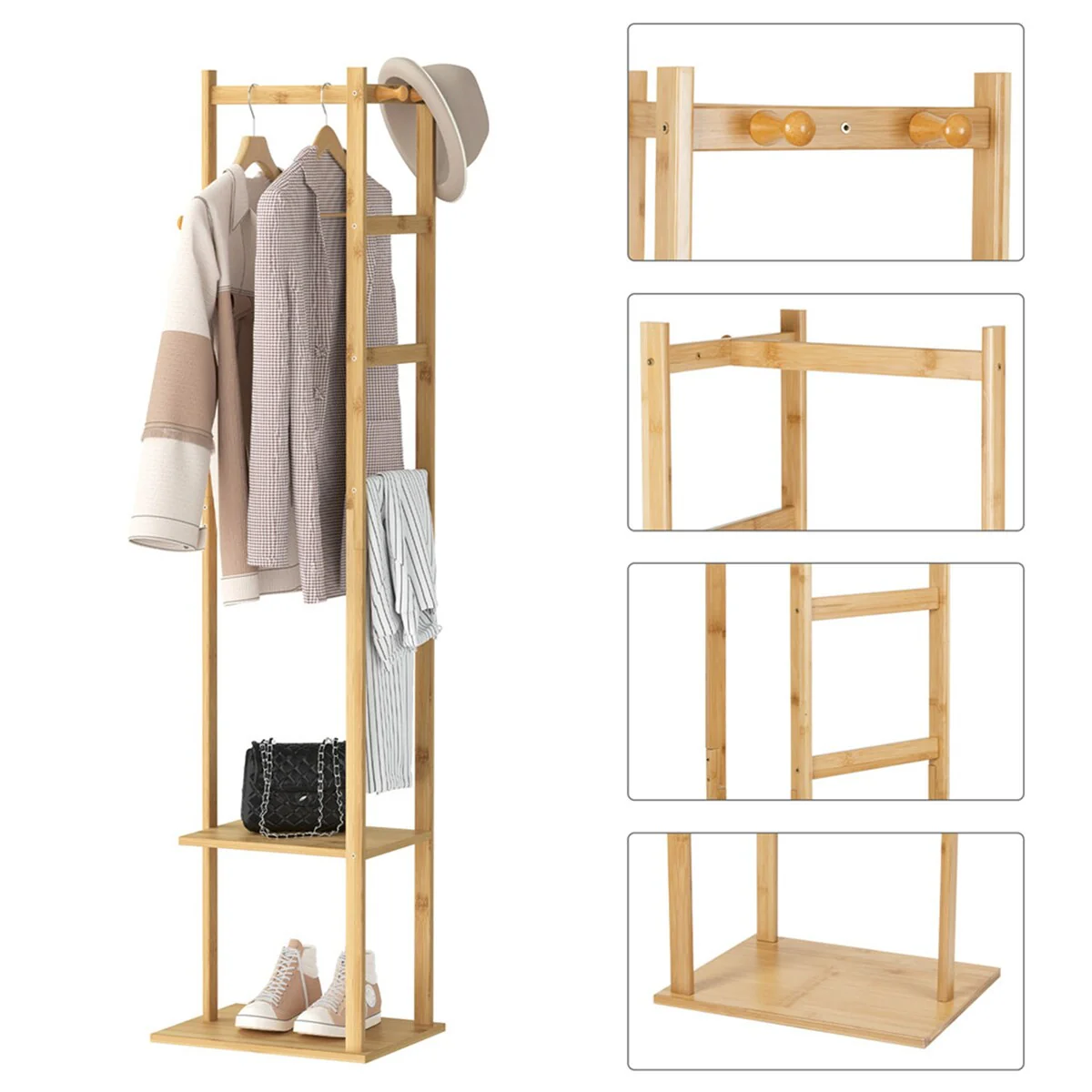 4 in 1 Bamboo Freestanding Entryway Coat Rack Stand with Storage Hooks - N/A