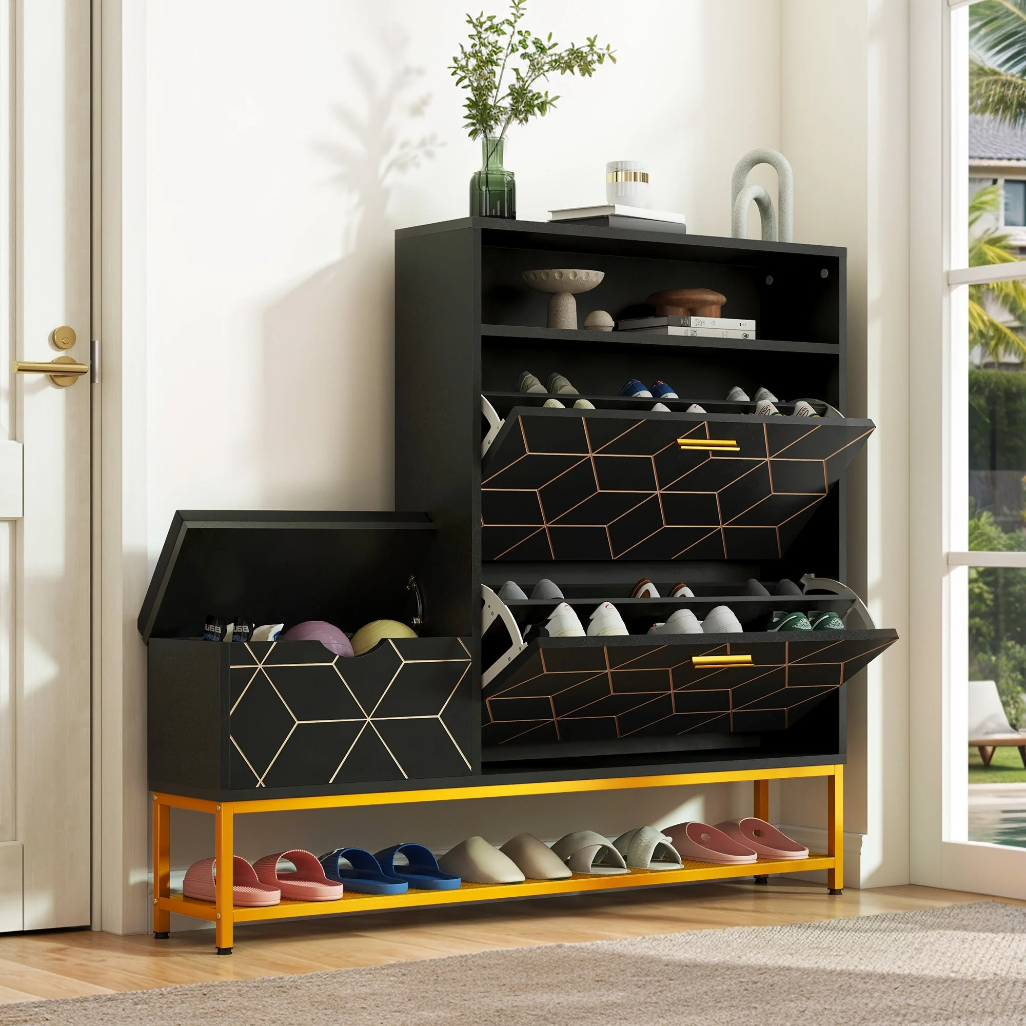 Moasis 22 Pairs Shoe Cabinet with 2 Flip Drawers, Narrow Shoes Rack with Storage Bench