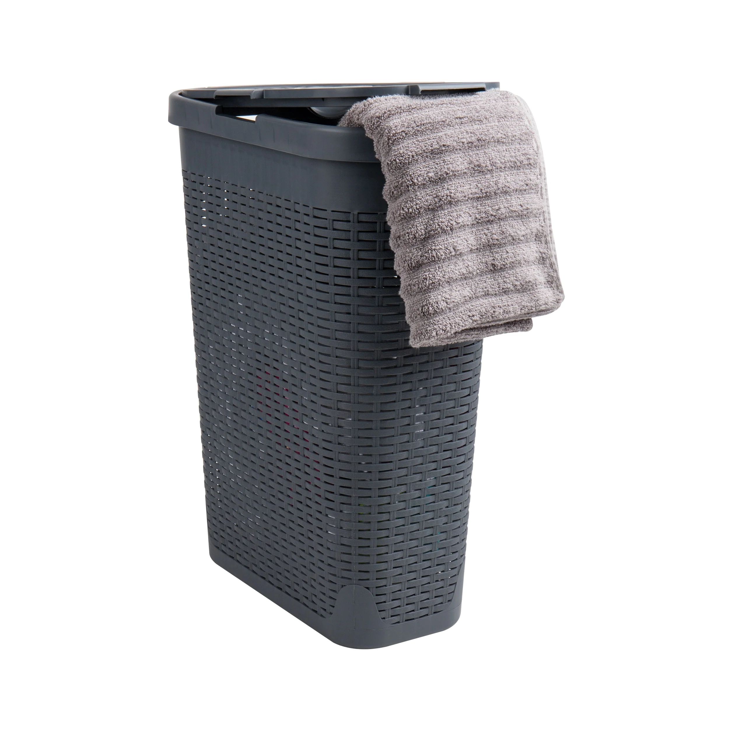 Mind Reader 40L Slim Laundry Hamper, Clothes Basket, Lid, Wicker Design, Plastic, 18