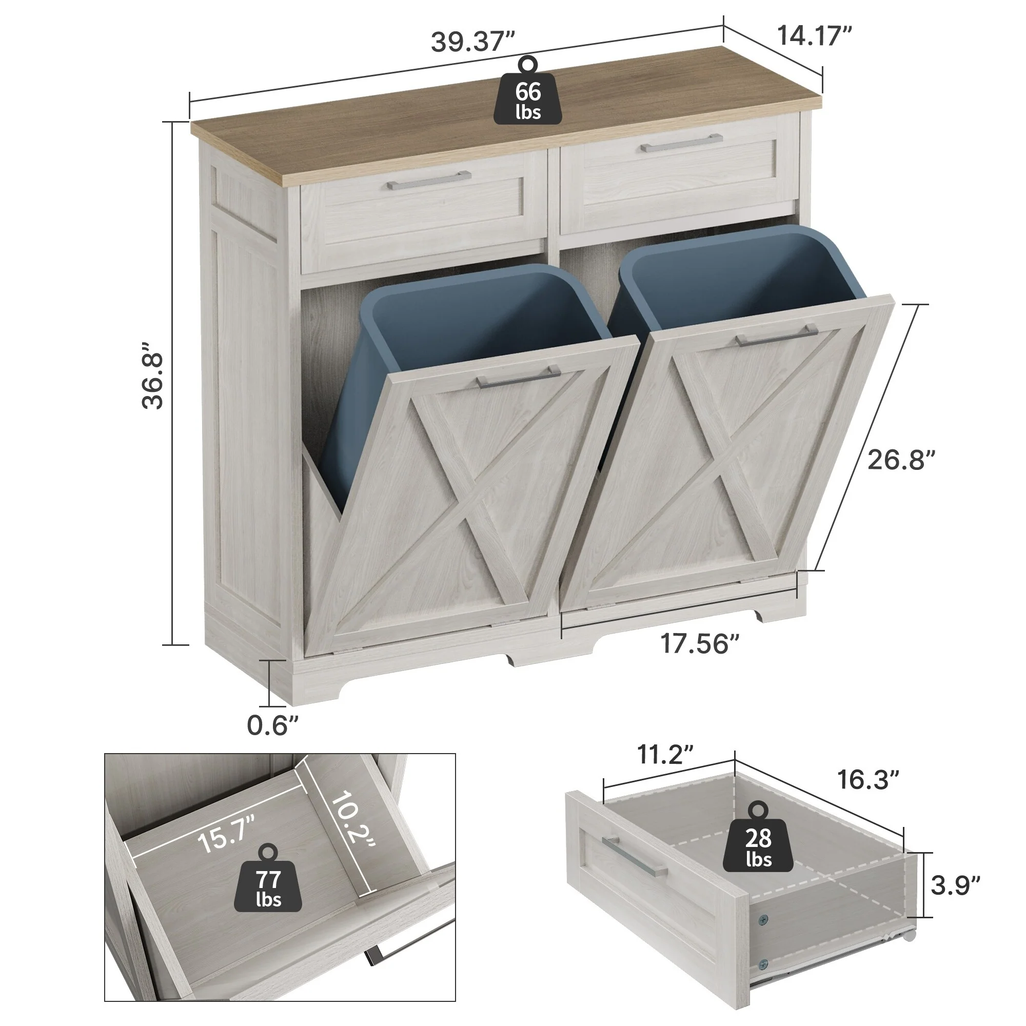 Moasis Kitchen Wooden Double Tilt Out Trash Can Cabinet with 2-Drawer