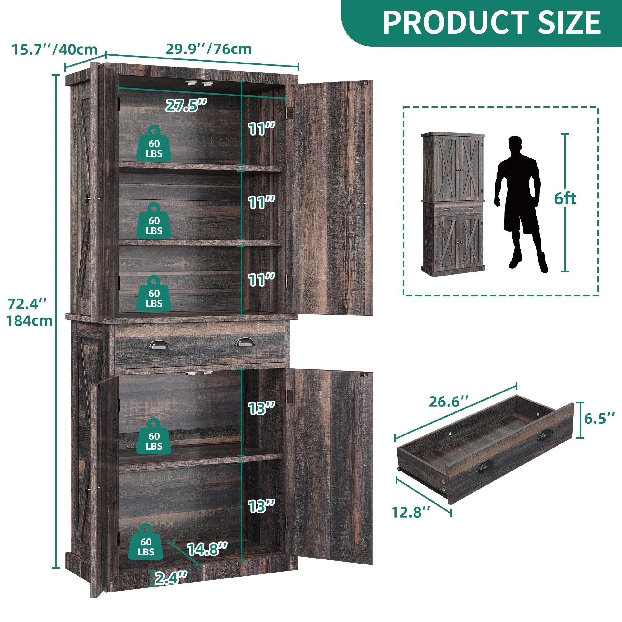 Moasis Farmhouse Traditional Freestanding Kitchen Pantry Storage Cabinet Cupboard