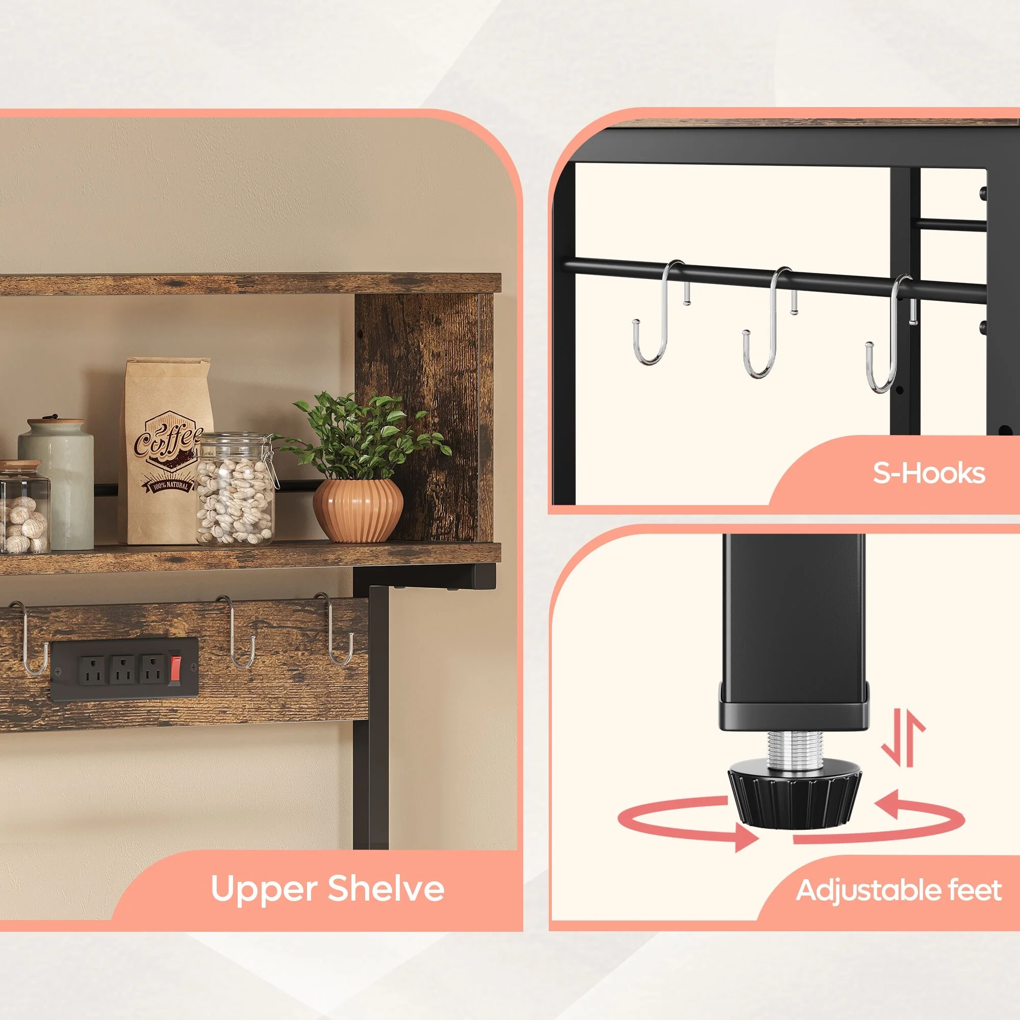 60 Inch Kitchen Baker's Rack with Hutch 8 Side Hooks