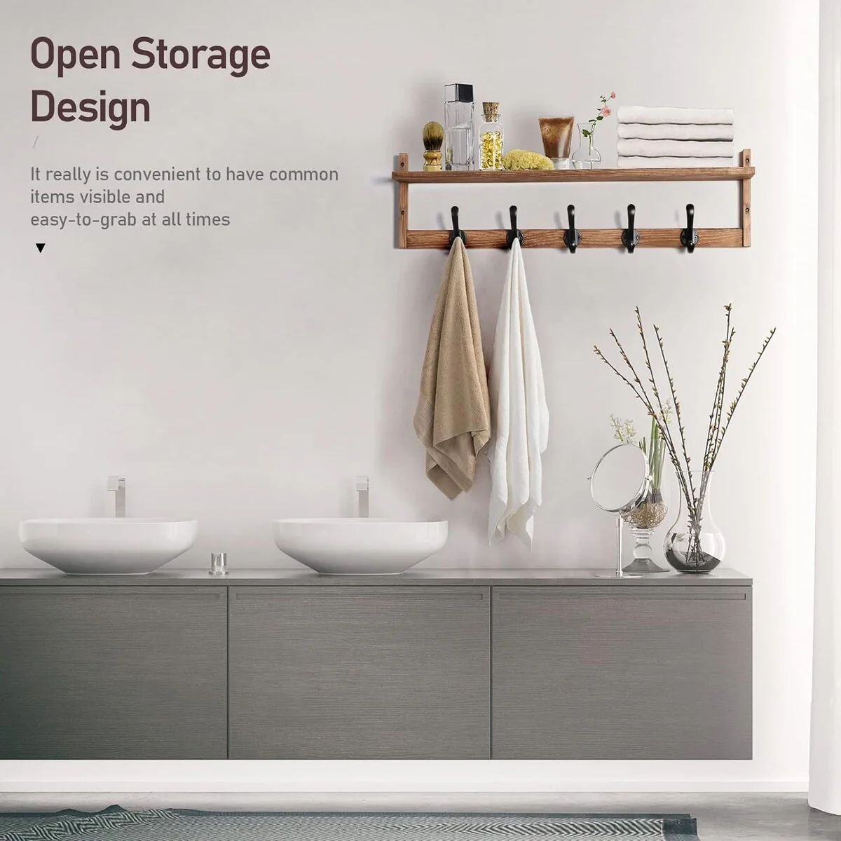 29'' Coat Rack Wall Mount with Shelf, Wood Wall Hooks with Storage