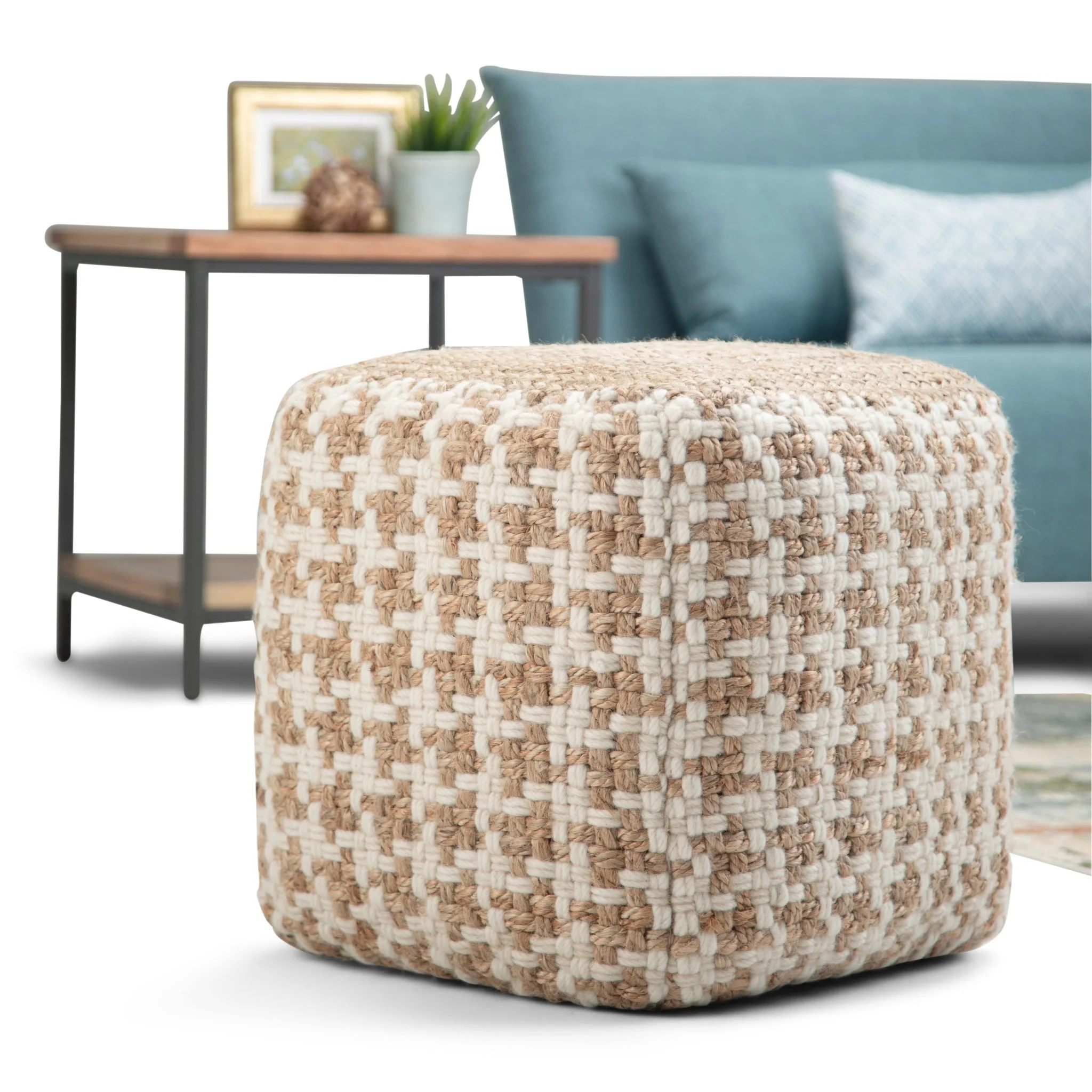 Multi-functional Cube Pouf with Cotton, Wool and Jute Woven Pattern