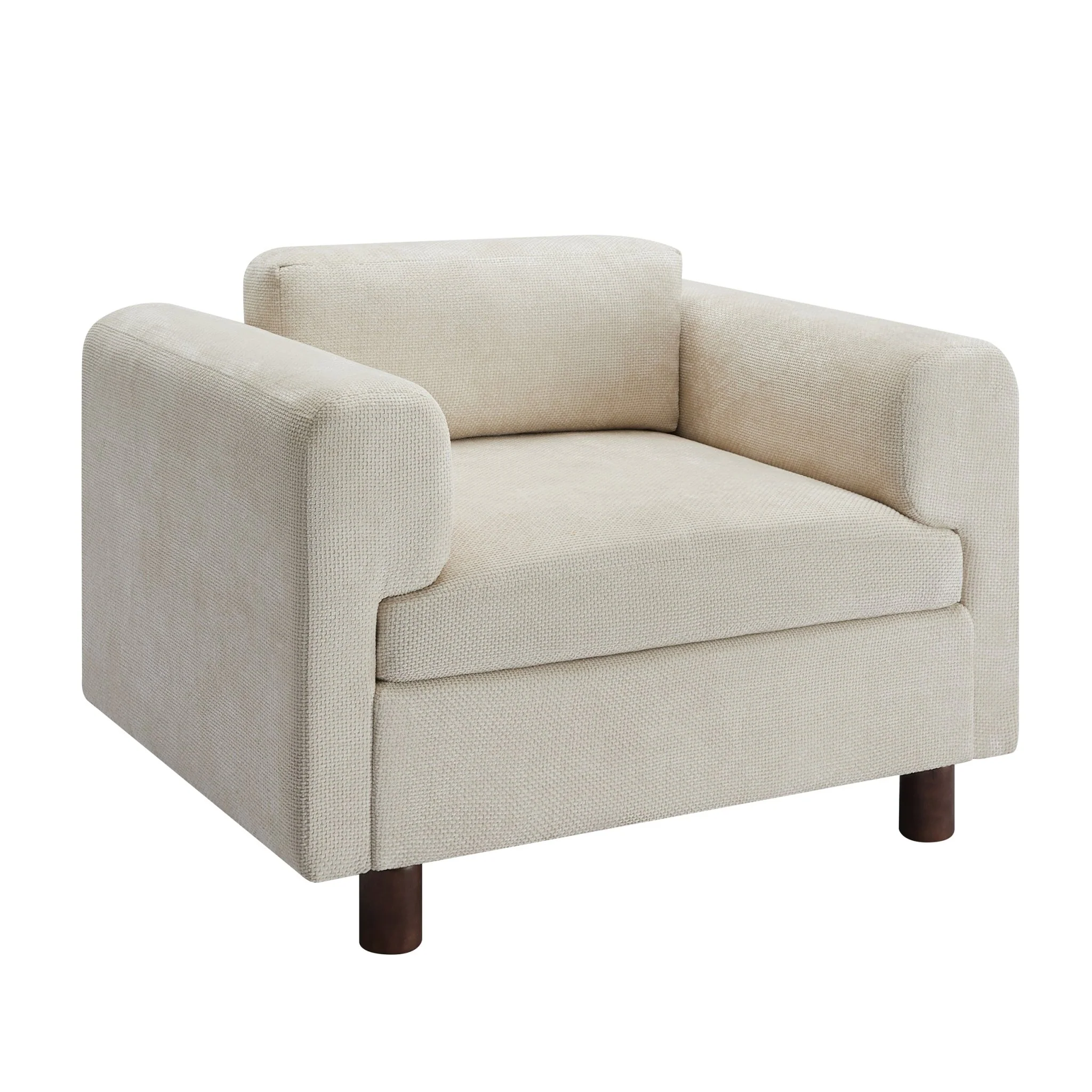 Elixired Upholstered Arm Chair with Tucked Armrests and Round Rubberwood Legs