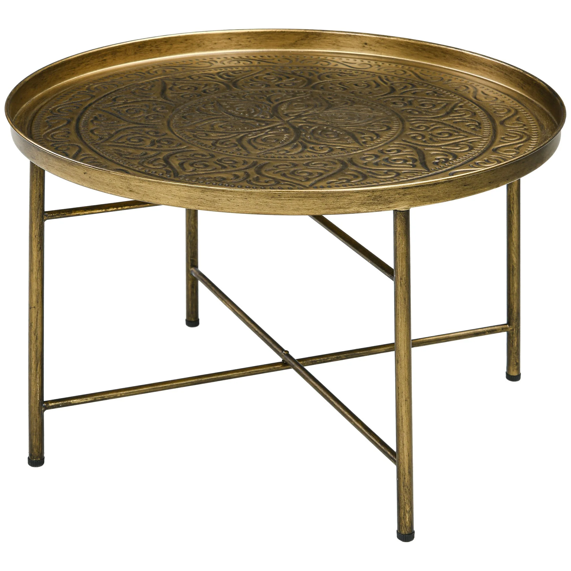 Round Coffee Table with Hammered Tray Top and X-Shaped Metal Base