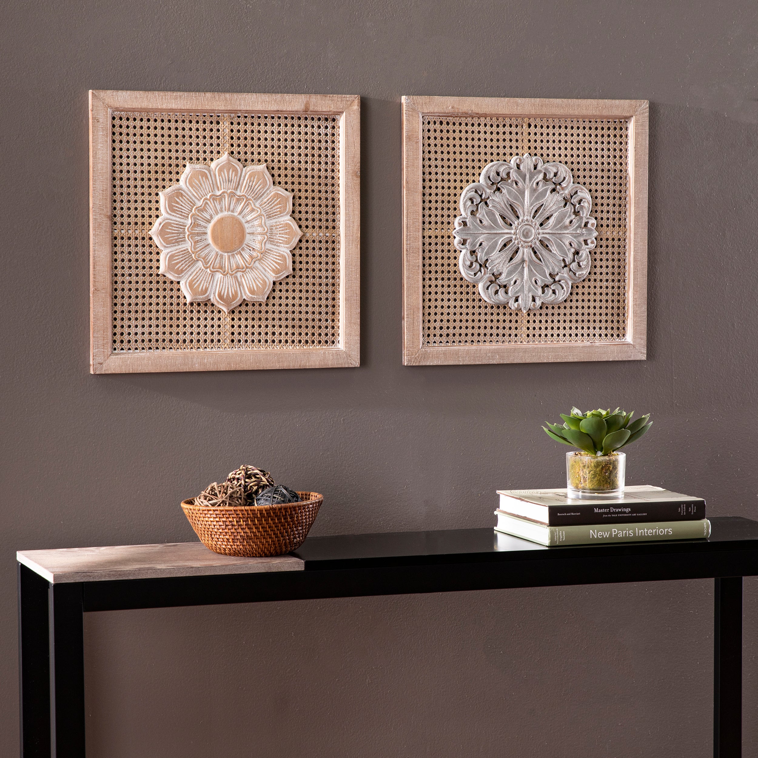 2-Piece Rattan Wall Decor Set with Carved Floral