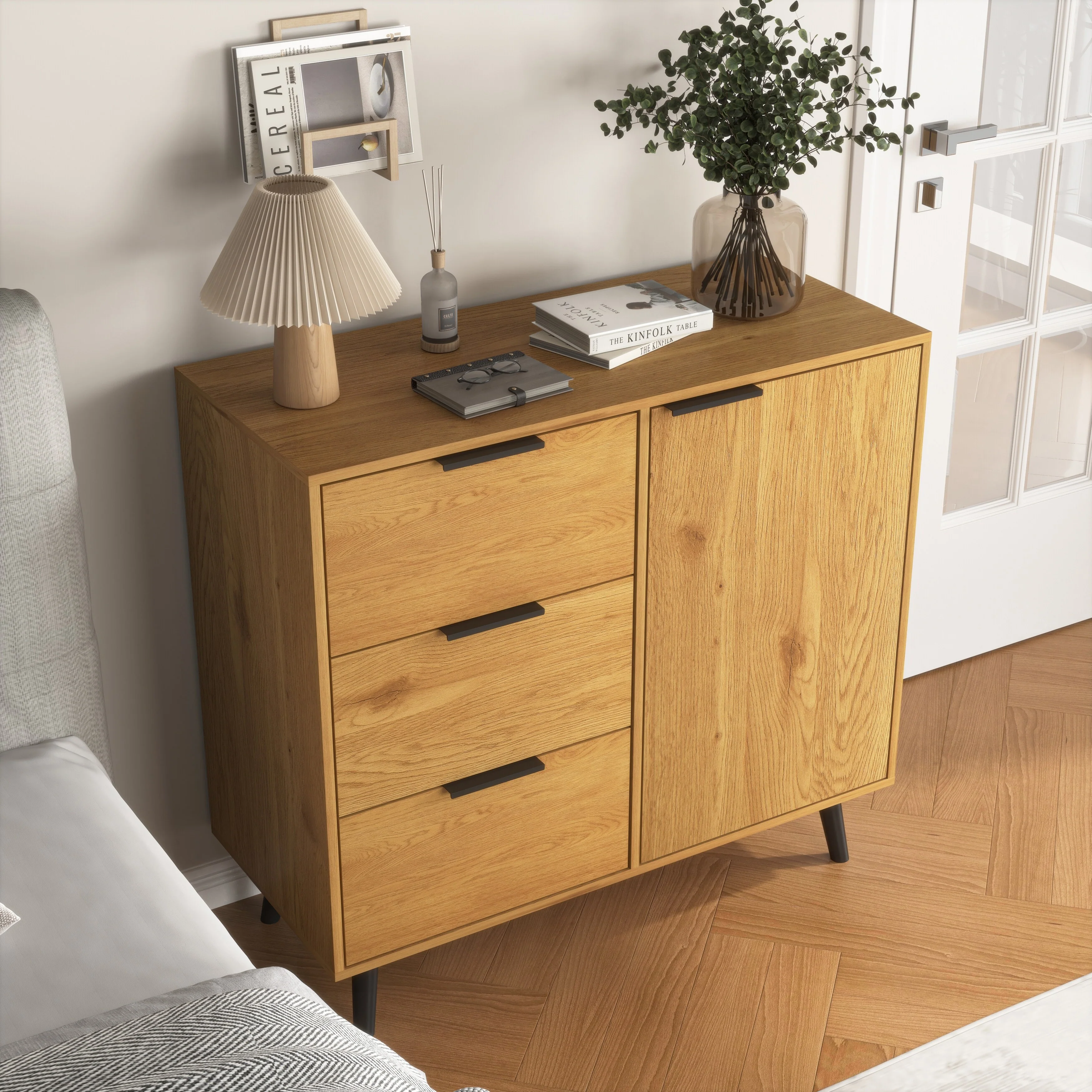 Sideboard Buffet Cabinet with Storage, Wood Coffee Bar Cabinet with Drawers & Doors