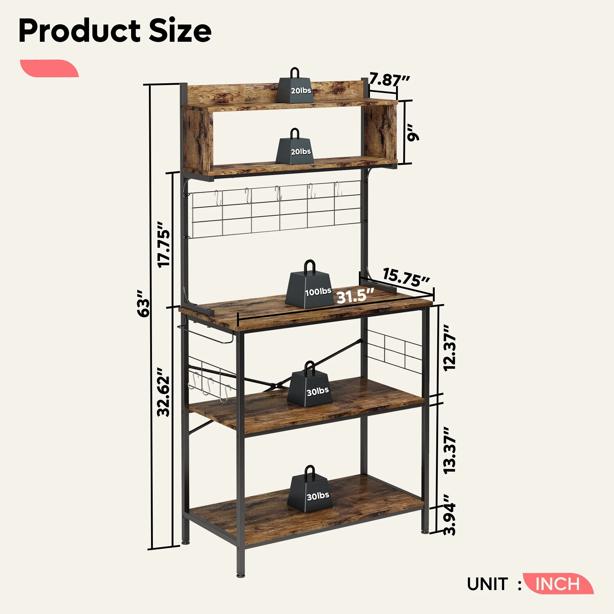 63 Inch Kitchen Baker's Rack with Hutch 8 Side Hooks