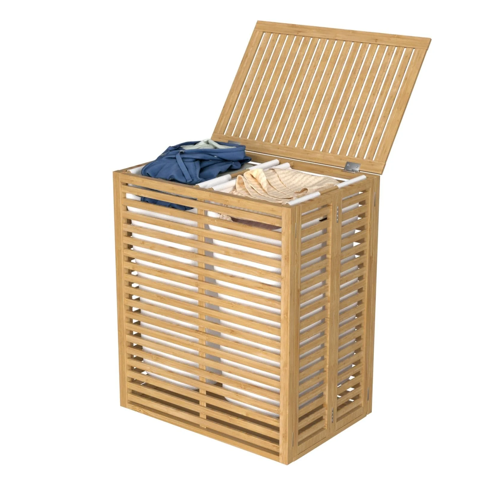VEIKOUS 2-Section Bamboo Hamper Laundry Basket with Lid and Removable Liner Bags for Clothes - 22''W × 25.3''H × 14''D