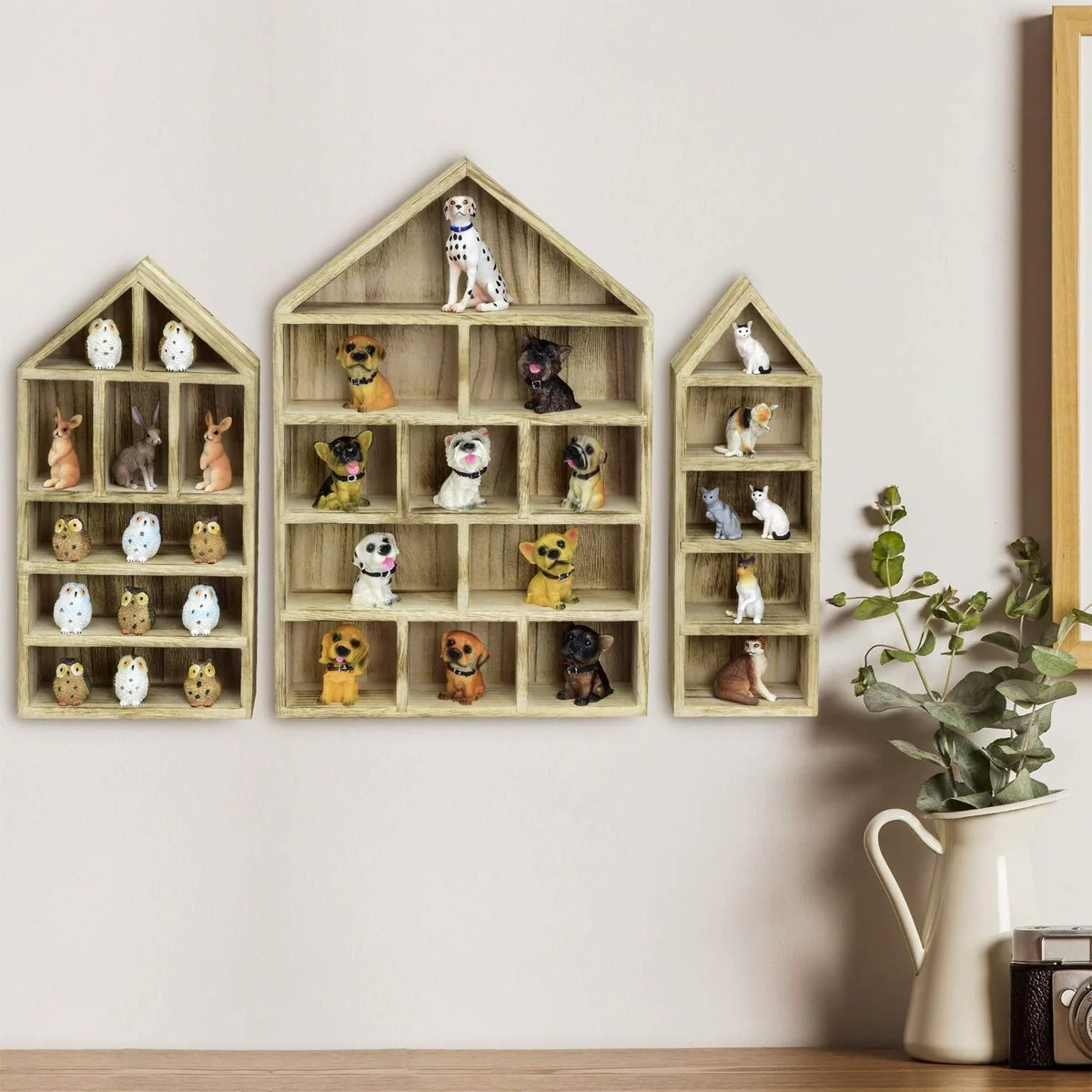 House-Shaped Wooden Shadow Cubby Display Shelf, Set of 3