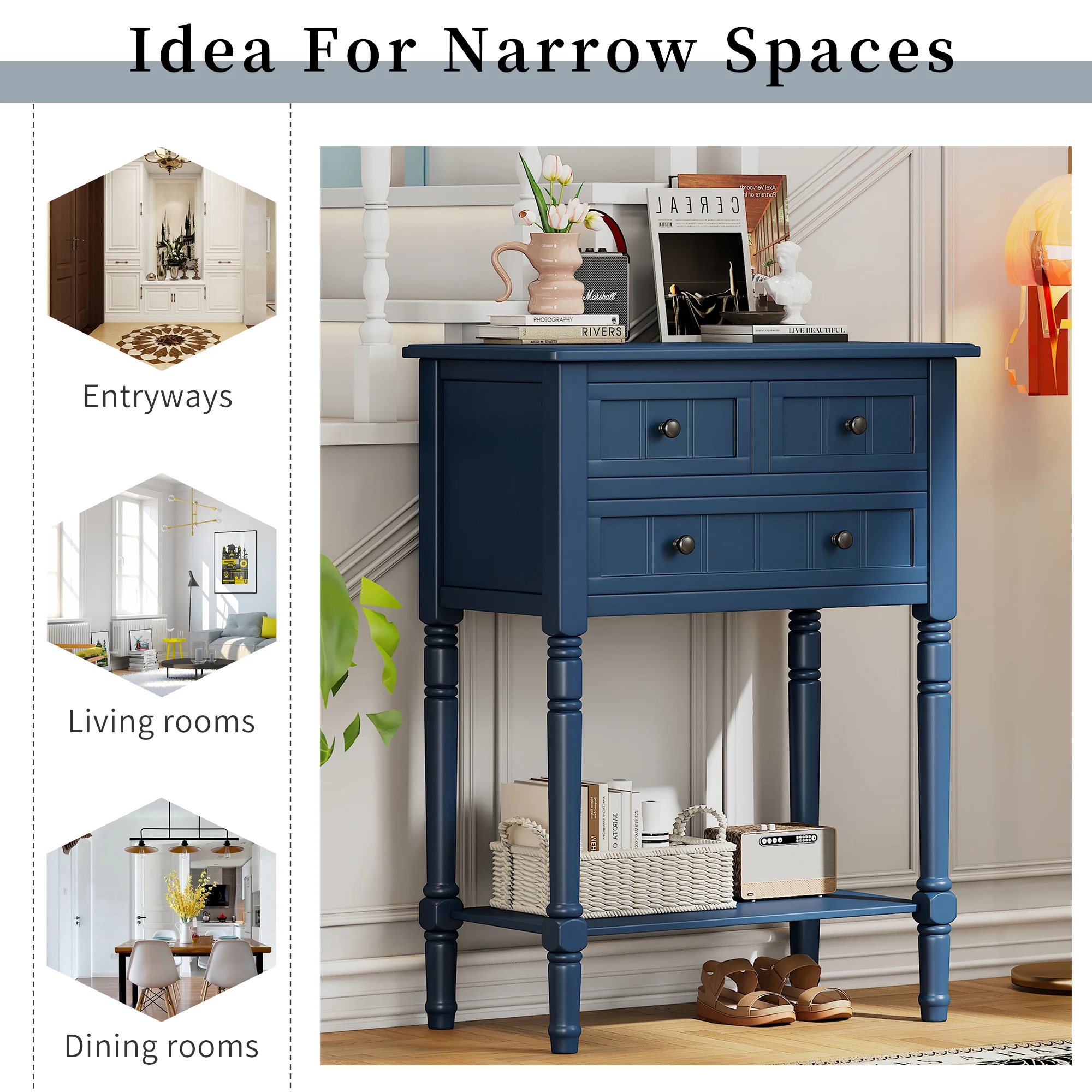 Conquest Narrow Console Table with 3 Drawers and Bottom Shelf