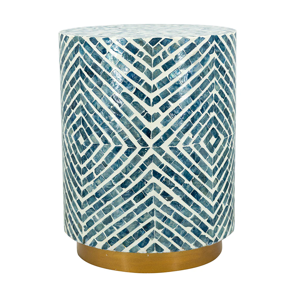 Round Blue & White Capiz Side Table
