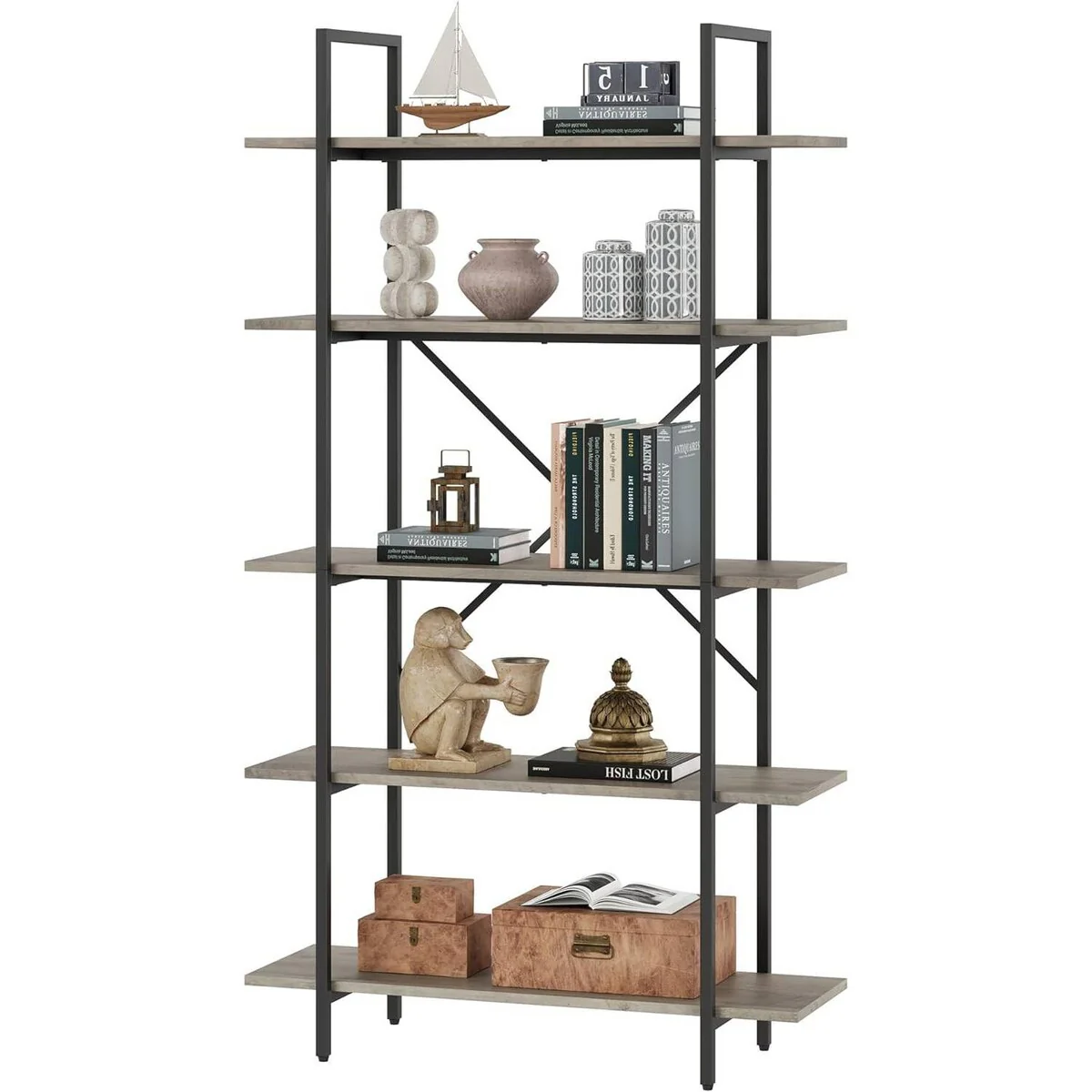 5 Tier Tall Bookcase with Open Display Shelves - N/A