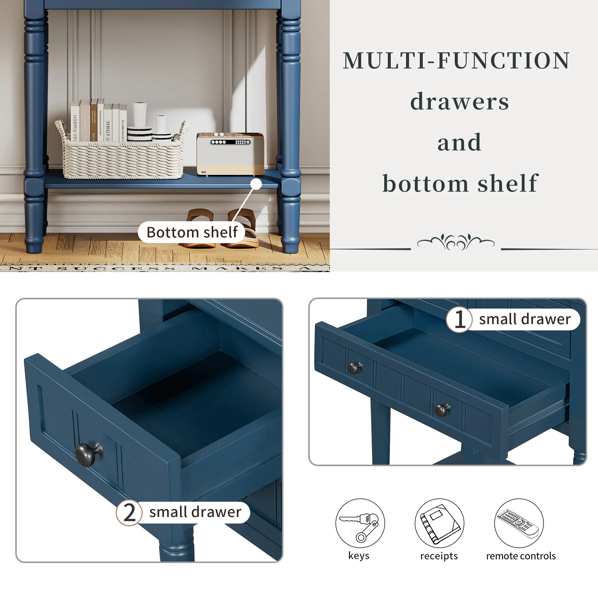 Conquest Narrow Console Table with 3 Drawers and Bottom Shelf