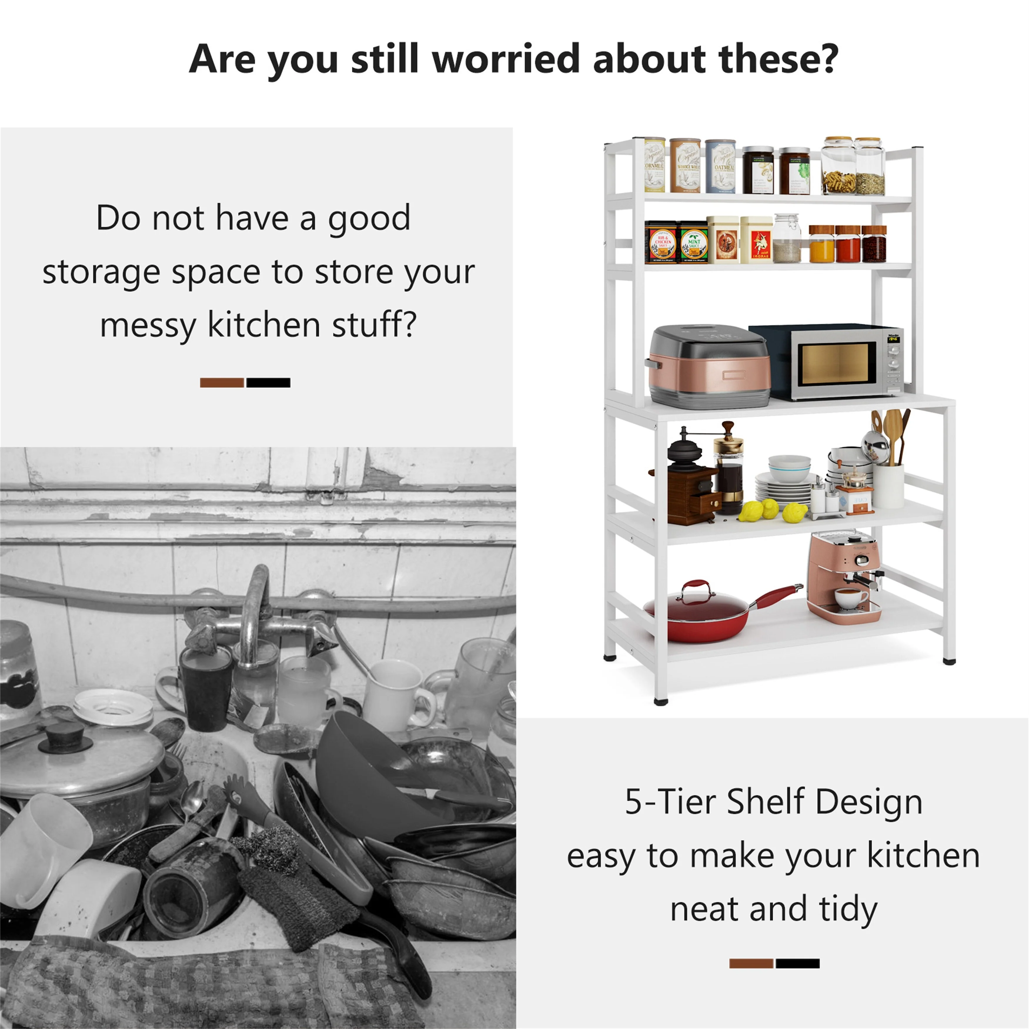 Brown/ Black Kitchen Bakers Rack Industrial Microwave Oven Stand,White 5-Tier Utility Storage Shelf,Kitchen Stand with Hutch