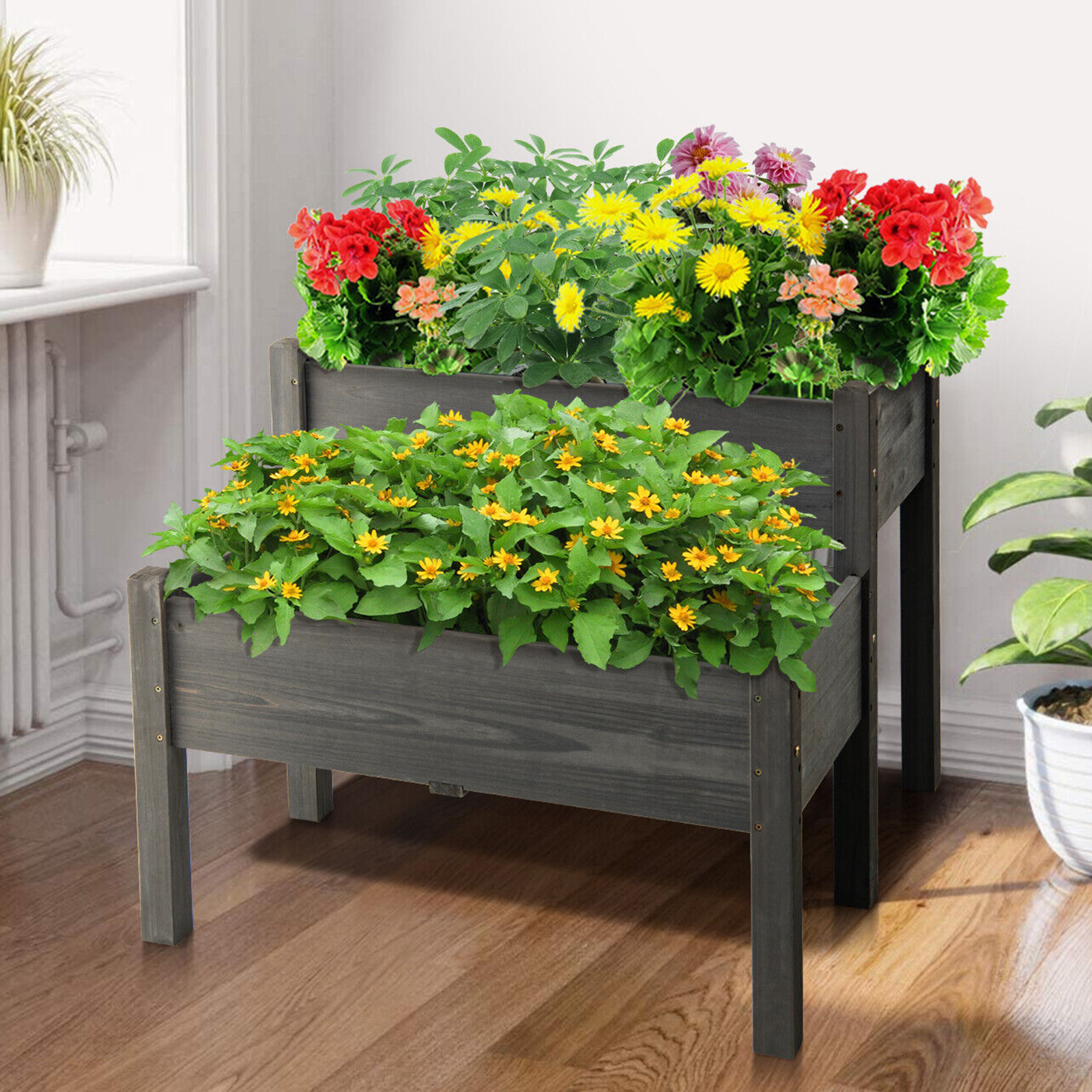 2 Tier Wooden Raised Garden Bed Elevated Planter Box w/ Legs Drain Holes