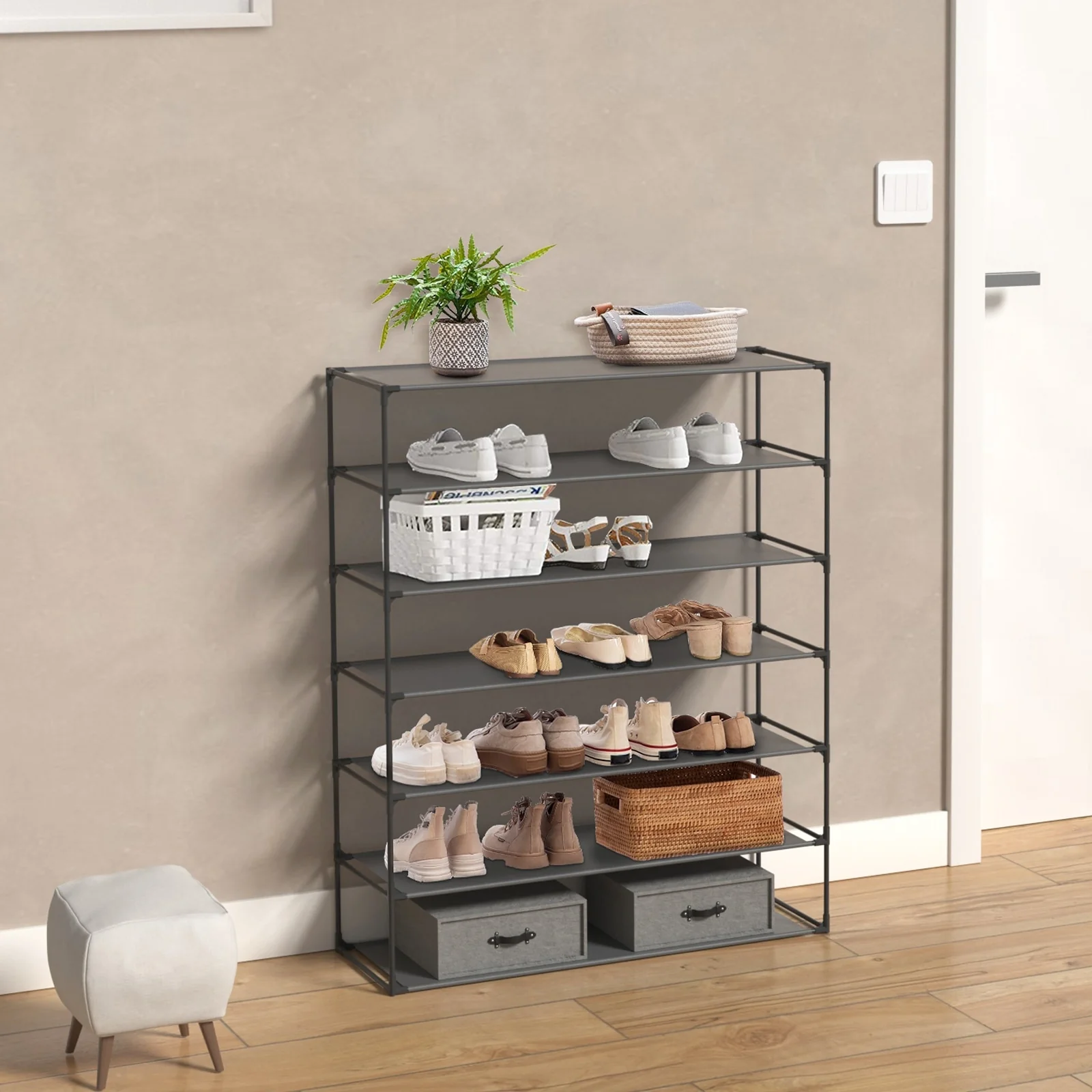 Shoe Rack Detachable Non-Woven Waterproof Fabric Shoe Organizer Tower Black Set of 2