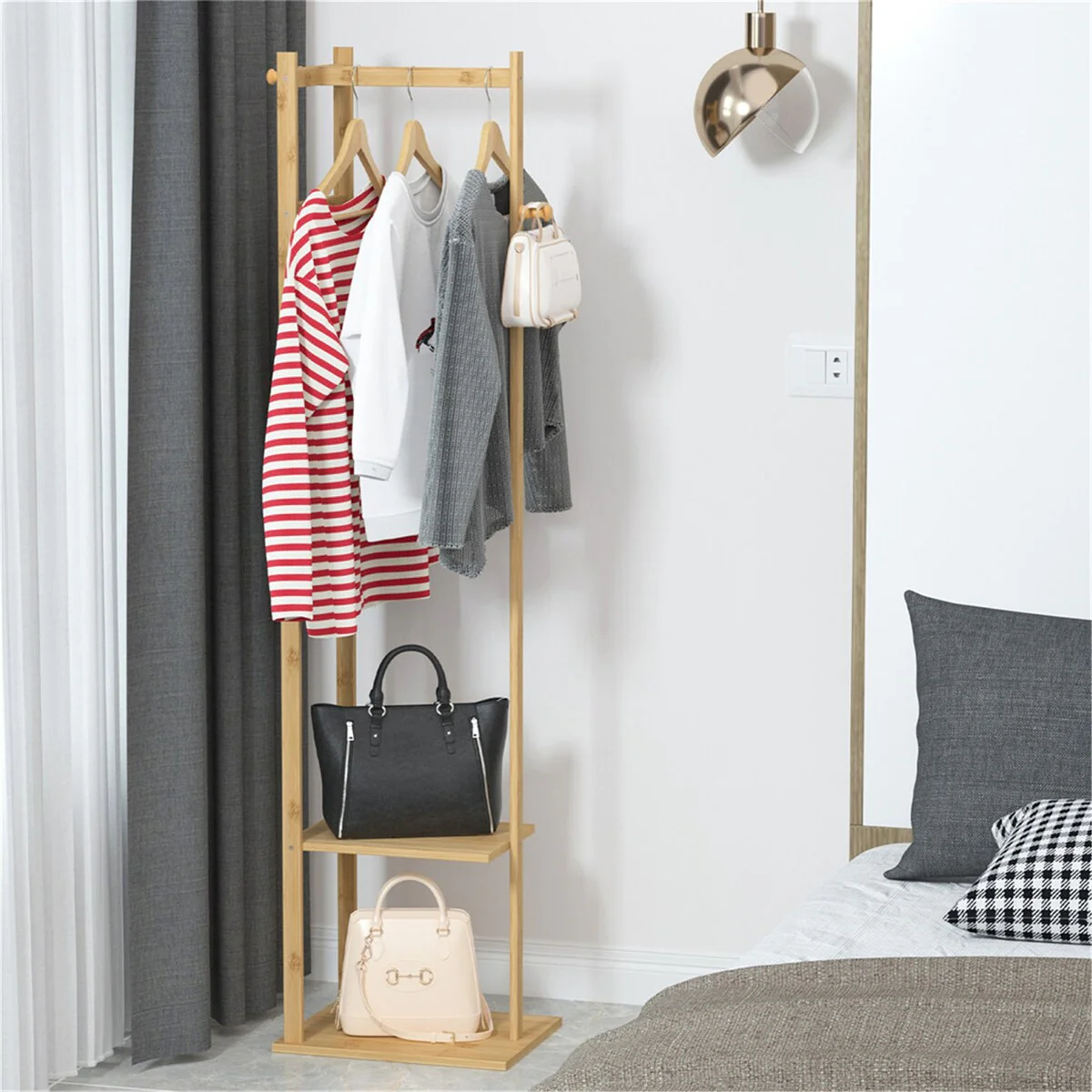 4 in 1 Bamboo Freestanding Entryway Coat Rack Stand with Storage Hooks - N/A